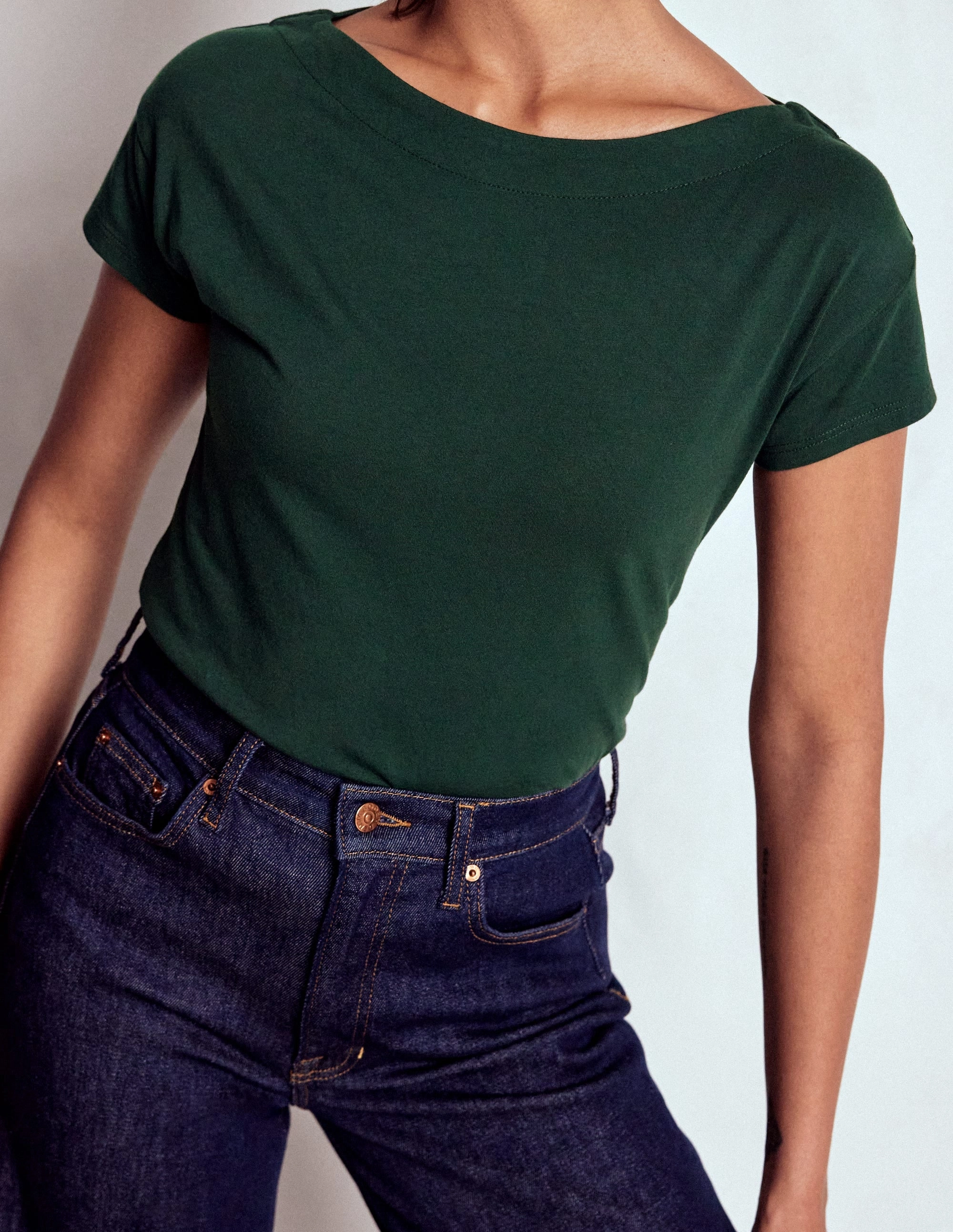 Eco Friendly Blend Wrinkle Free Texture Supersoft Boat Neck T-Shirt-Green Pine