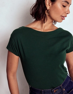 Supersoft Boat Neck T-Shirt-Green Pine Everyday Comfort DurableDoubleLayeredHem