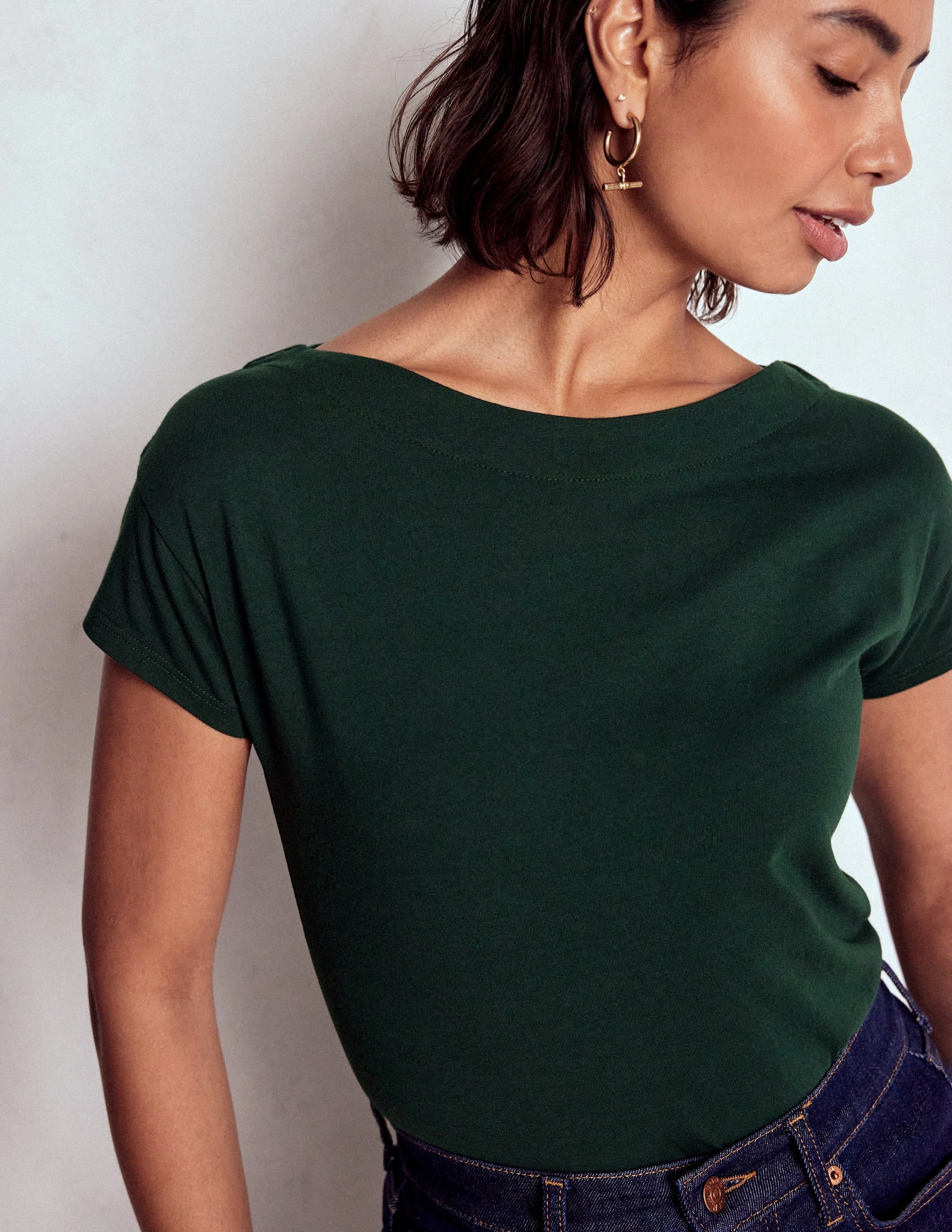 Supersoft Boat Neck T-Shirt-Green Pine Everyday Comfort DurableDoubleLayeredHem