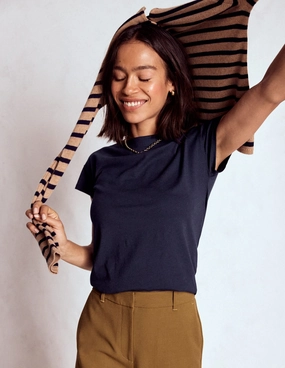 Supersoft Boat Neck T-Shirt-Navy High Neckline