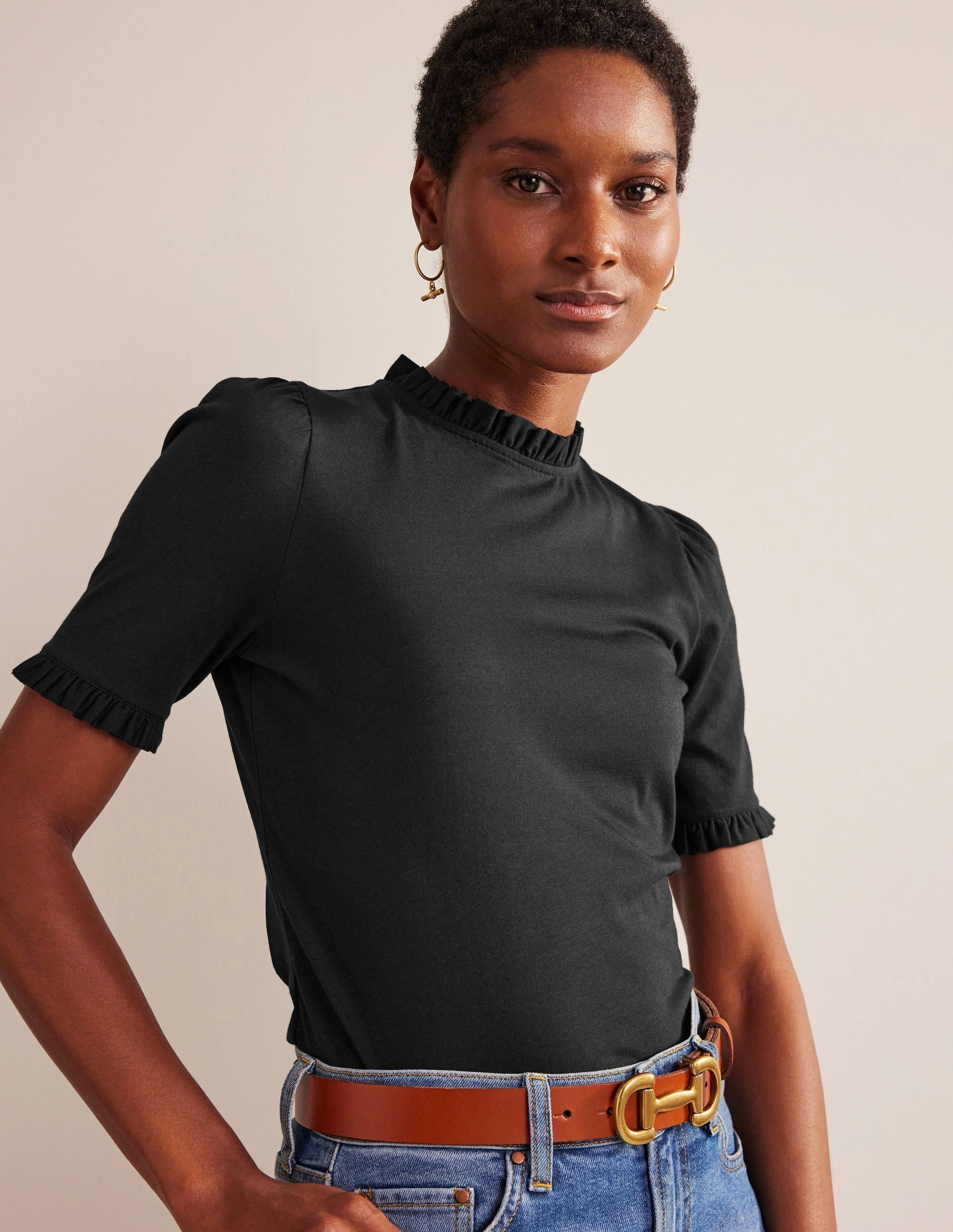 Supersoft Frill Detail T-shirt-Black NonToxicCoating NaturalFiberBlend