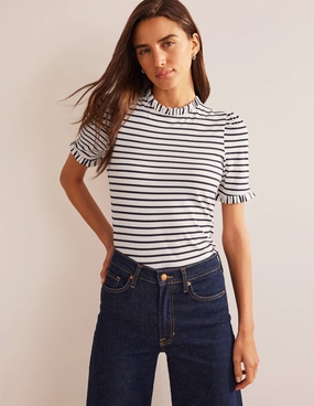 Supersoft Frill Detail T-shirt-Ivory, Navy Stripe Lightweight Material Ventilated Back Panels