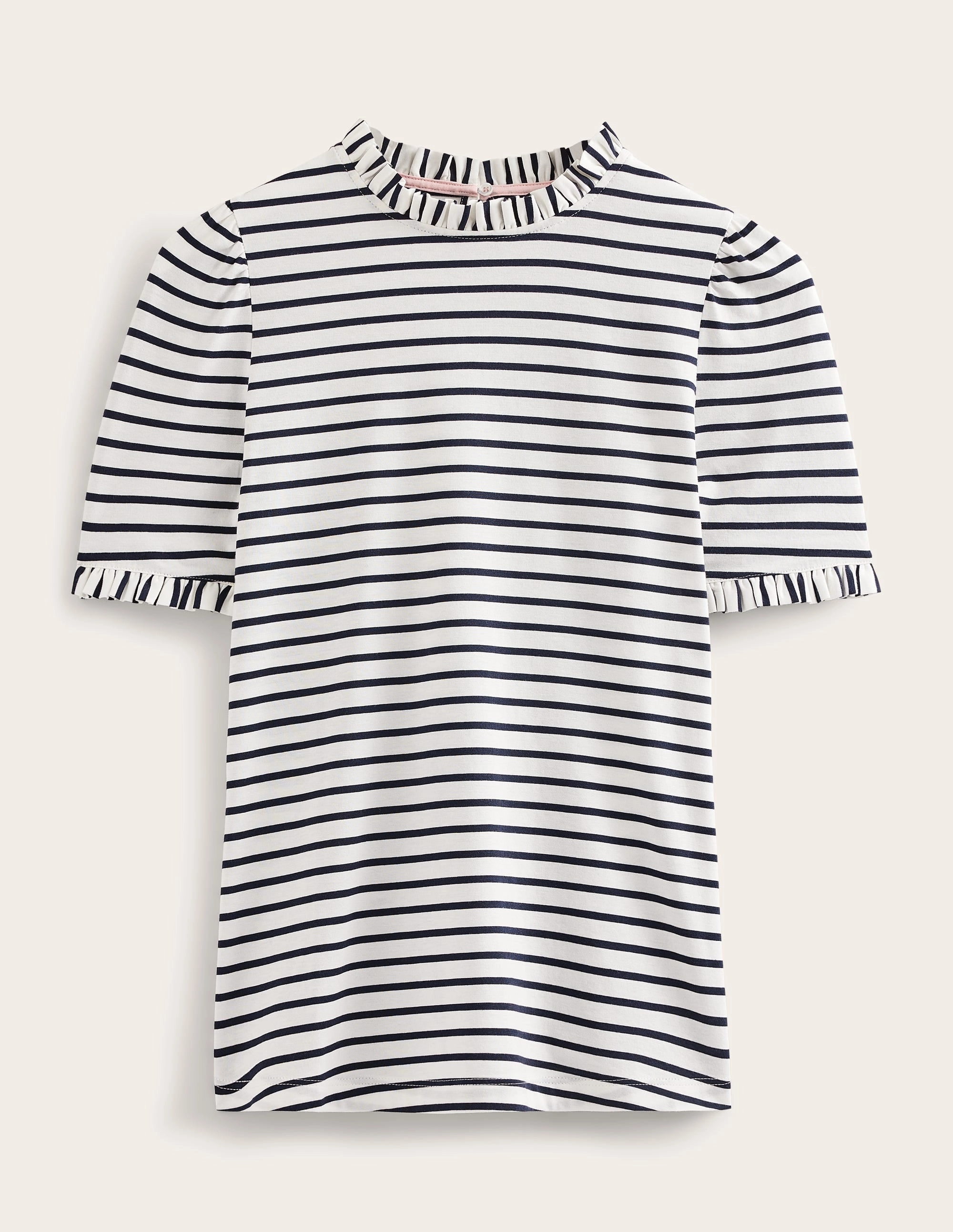 DoubleStitching Supersoft Frill Detail T-shirt-Ivory, Navy Stripe