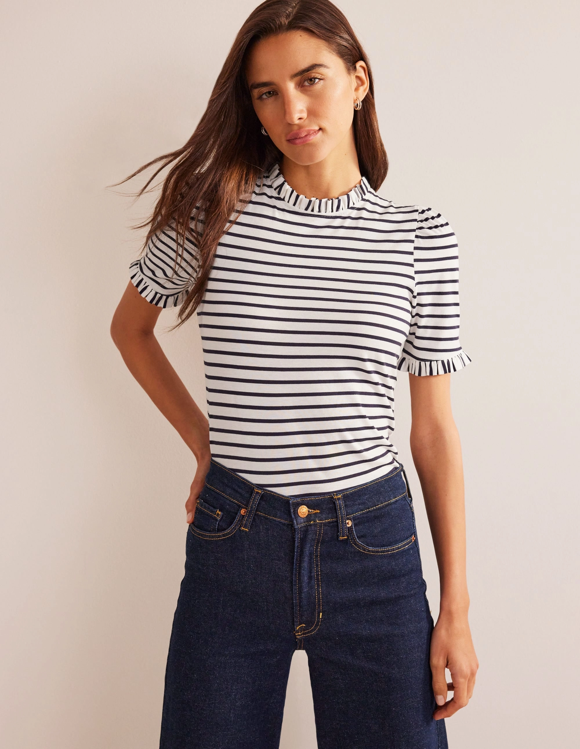Supersoft Frill Detail T-shirt-Ivory, Navy Stripe Lightweight Material Ventilated Back Panels