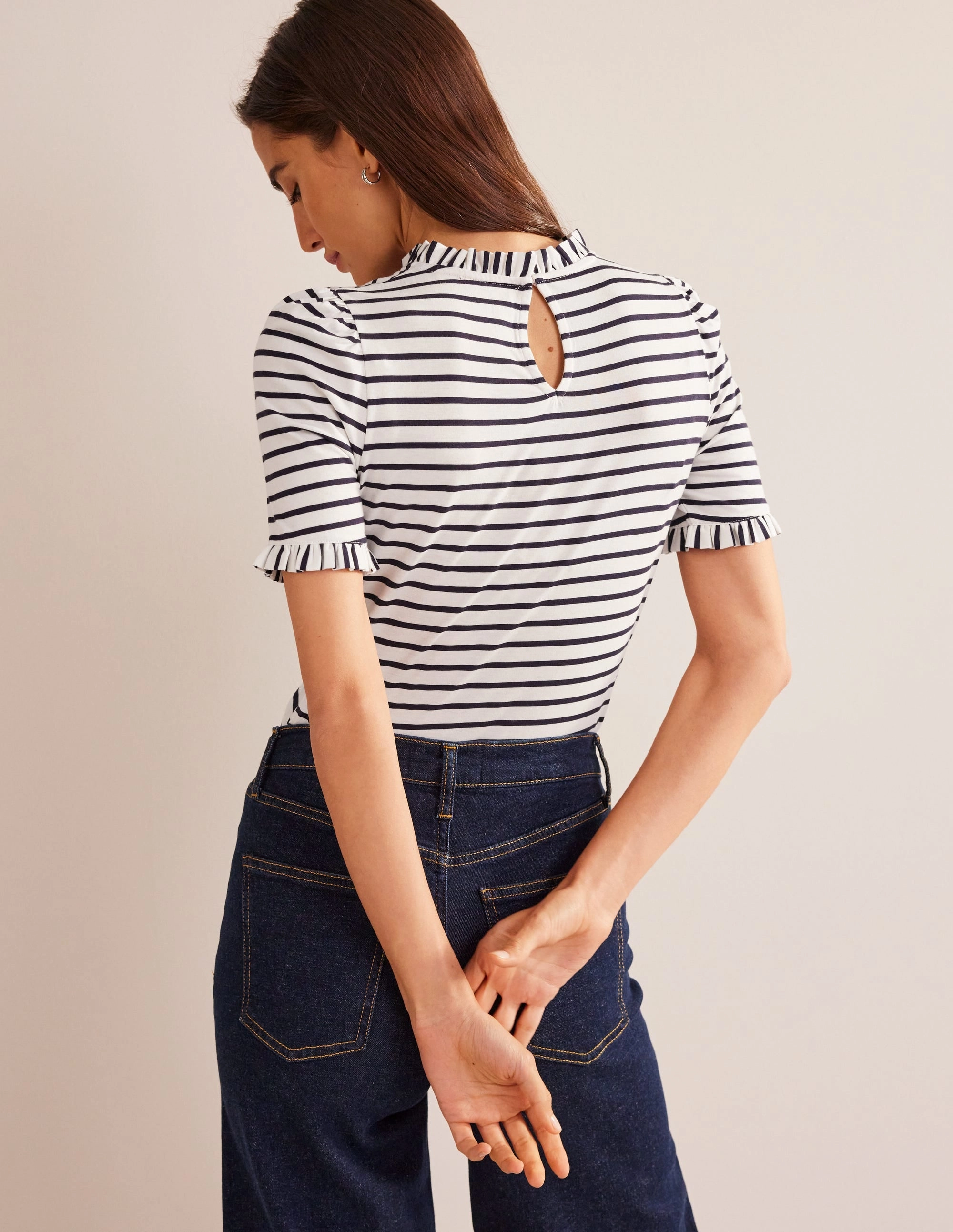 Supersoft Frill Detail T-shirt-Ivory, Navy Stripe MinimalistDesign