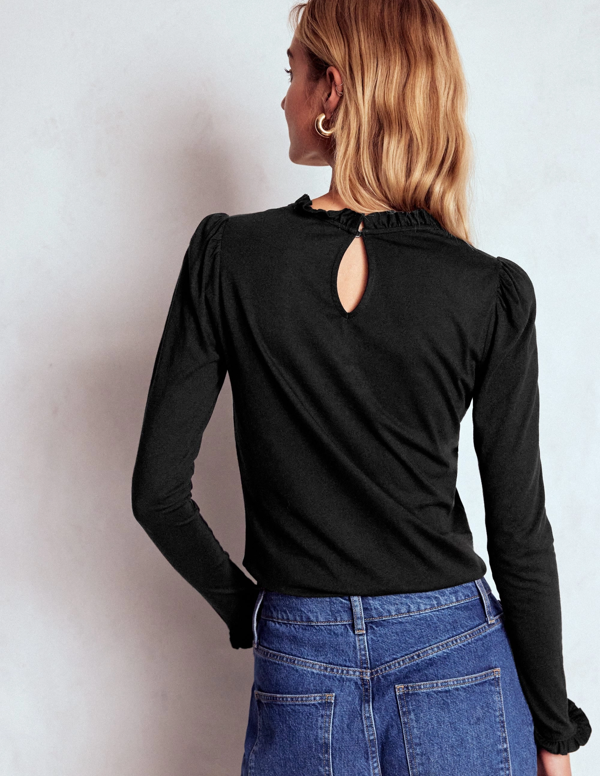 Supersoft Frill Detail Top-Black Slim Fit Shirt