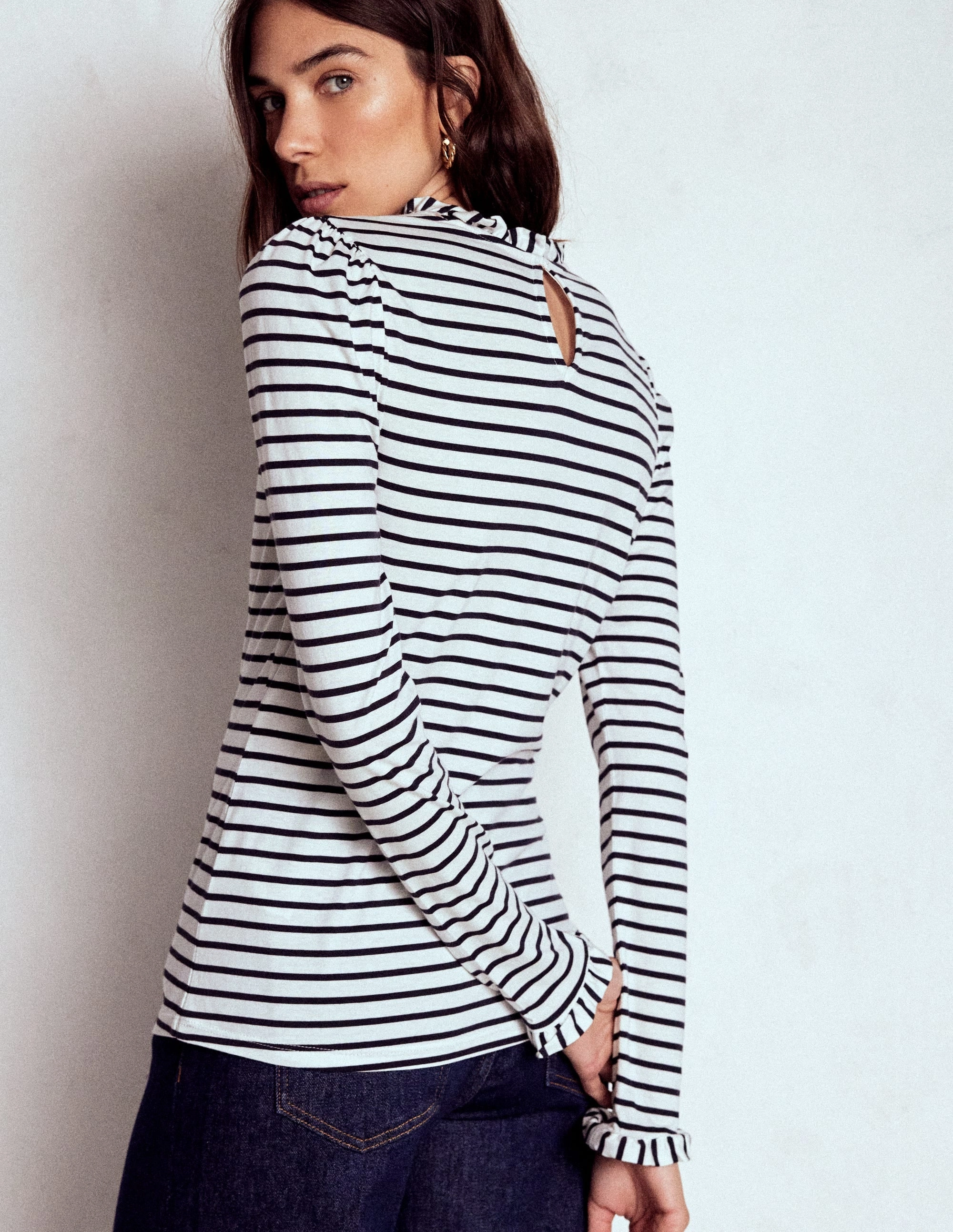 Supersoft Frill Detail Top-Ivory / Navy Stripe Tencel Cotton Hybrid Weave HoodedVersion