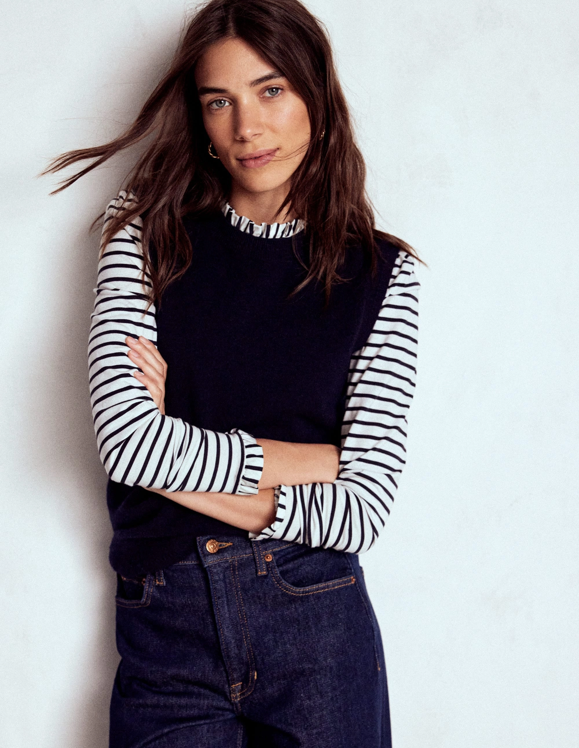 Supersoft Frill Detail Top-Ivory / Navy Stripe Breathable Design Compact Stitching