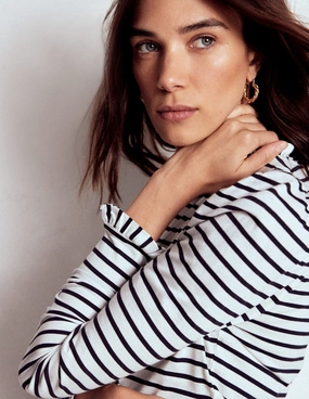 WideNeckline Supersoft Frill Detail Top-Ivory / Navy Stripe