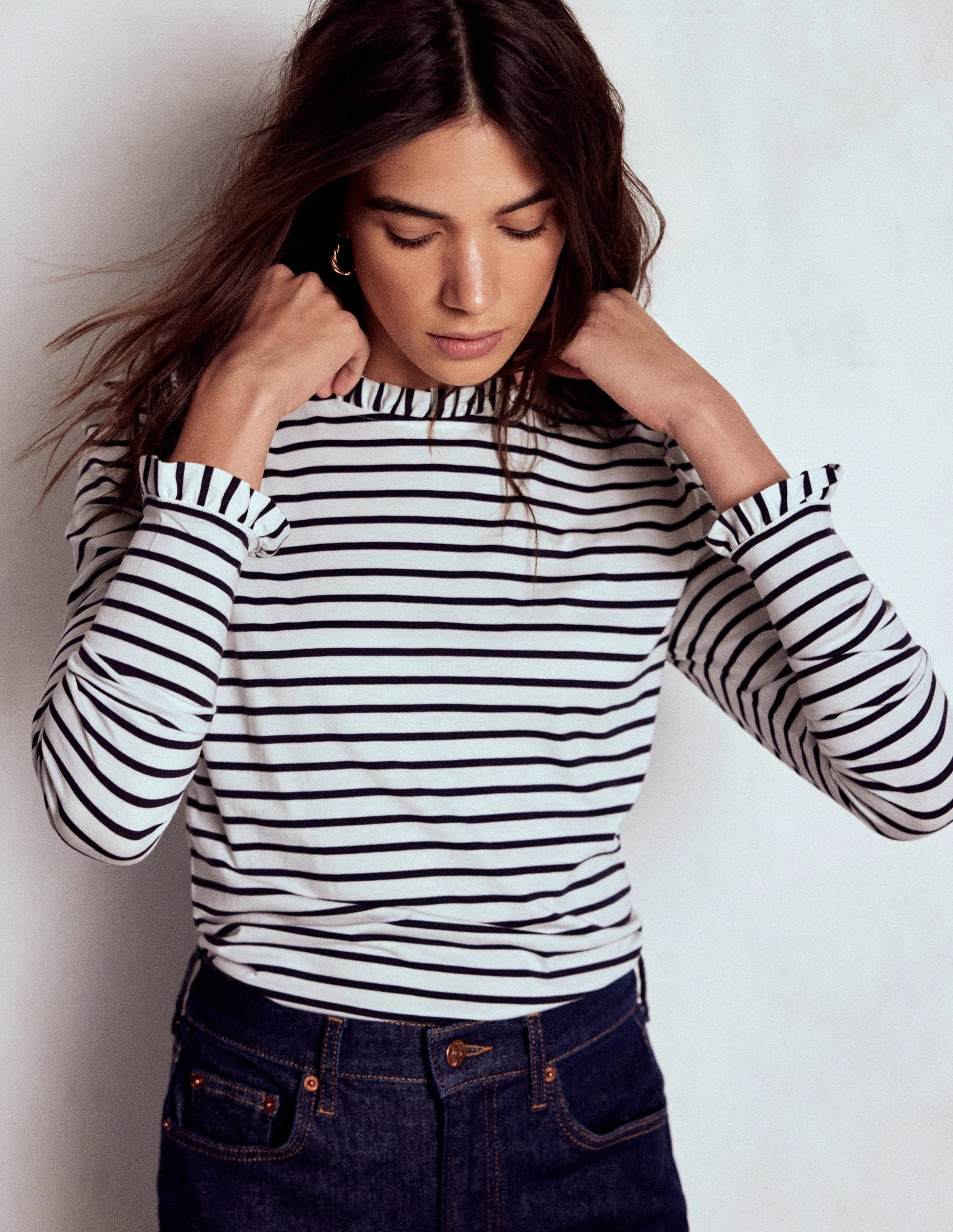 Cozy Knit Supersoft Frill Detail Top-Ivory / Navy Stripe