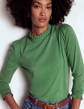 Sweat Absorbing Lining Compact Thermal Insulation Supersoft Frill Detail Top-Newt Green