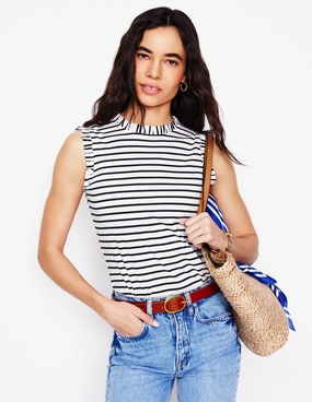 PortableOption Microfiber texture Supersoft Frill Detail Vest-Ivory, Navy Stripe