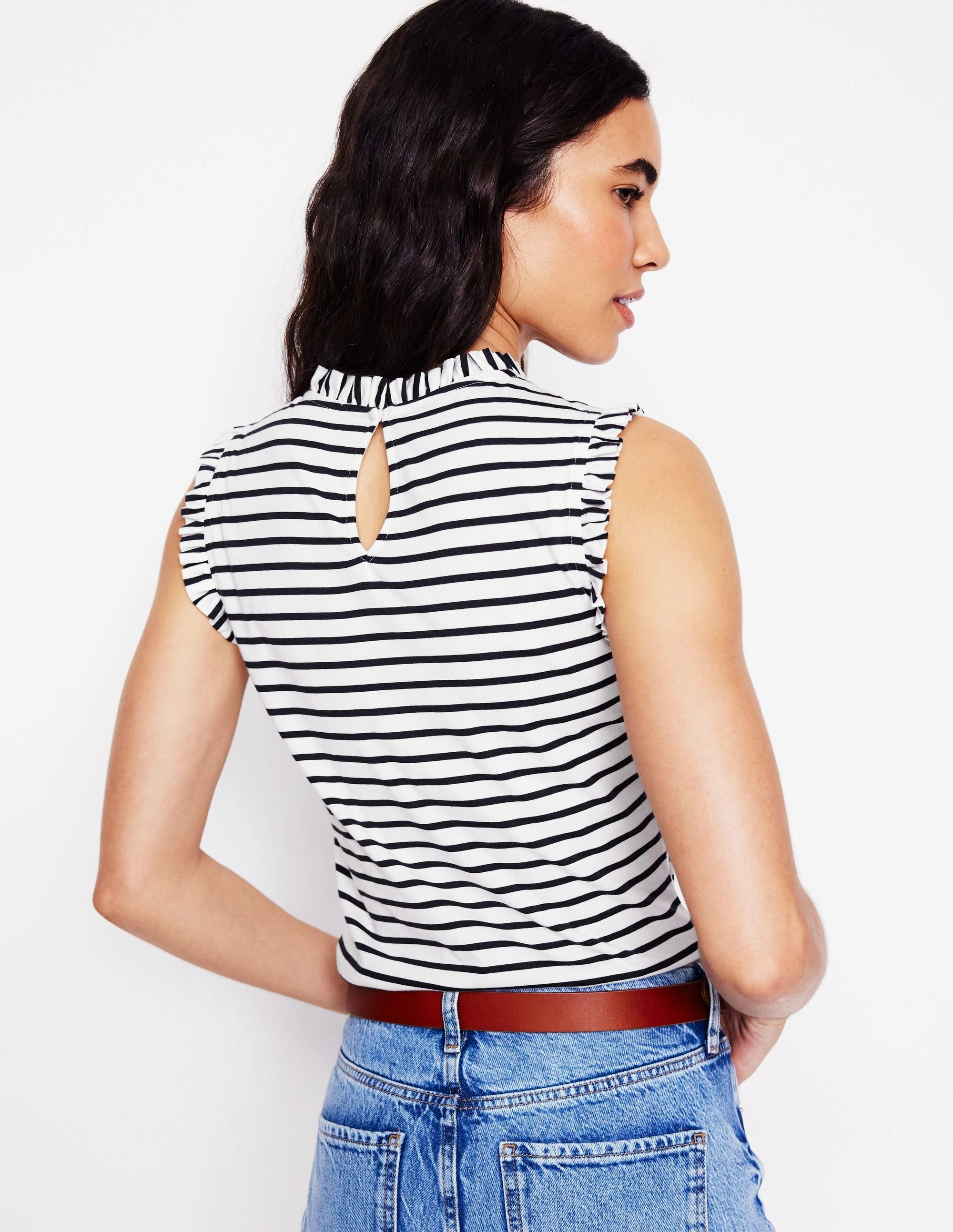 Supersoft Frill Detail Vest-Ivory, Navy Stripe QuickDryTech Bold Patterns