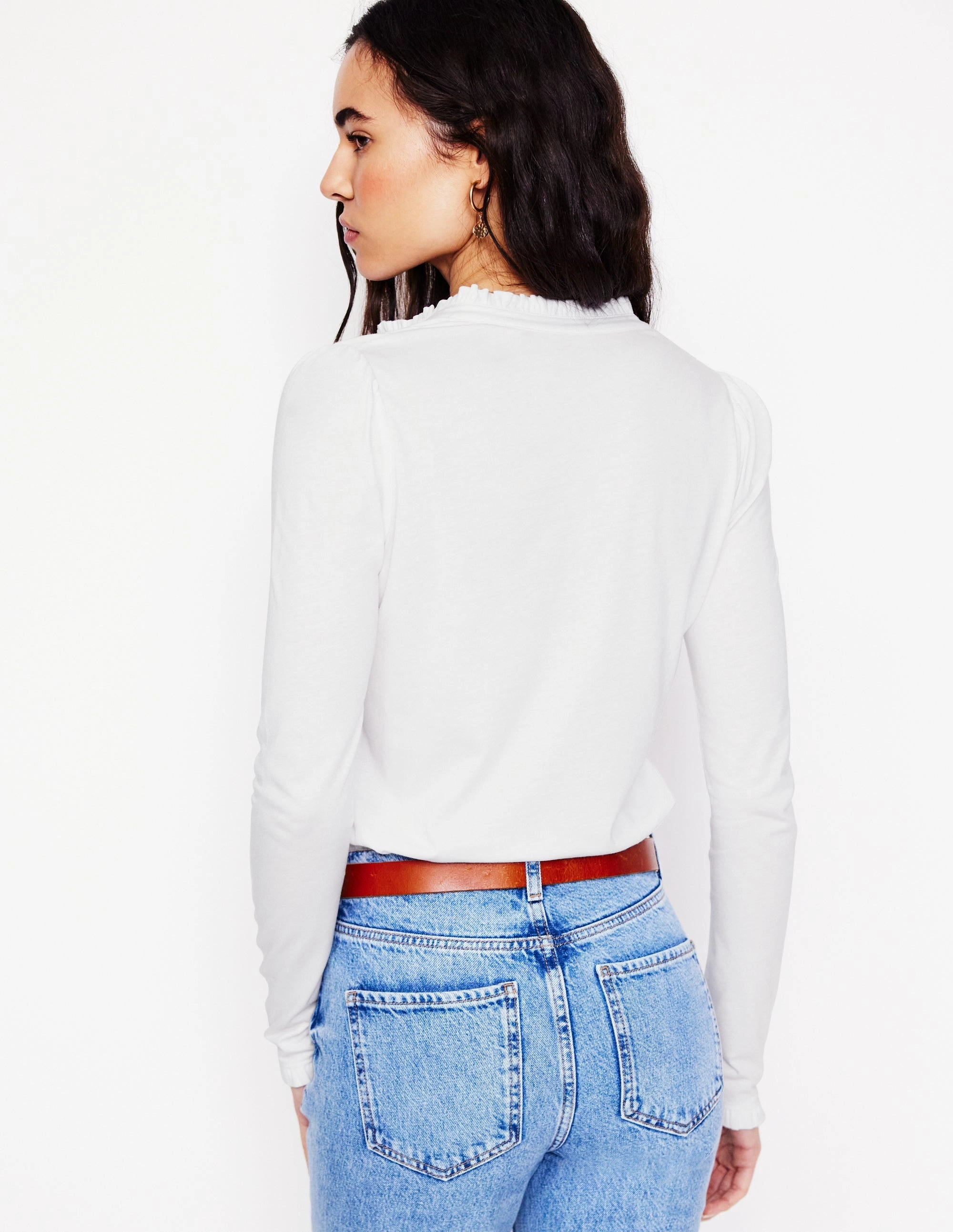 Comfy Cardigan Layered Panel Design Supersoft Frill Henley Top-White