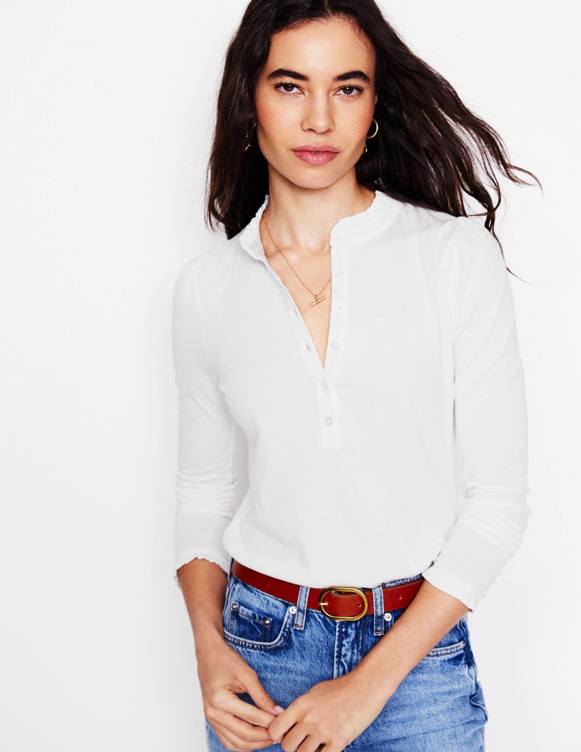 MinimalistCut Anti Pilling Fabric Supersoft Frill Henley Top-White