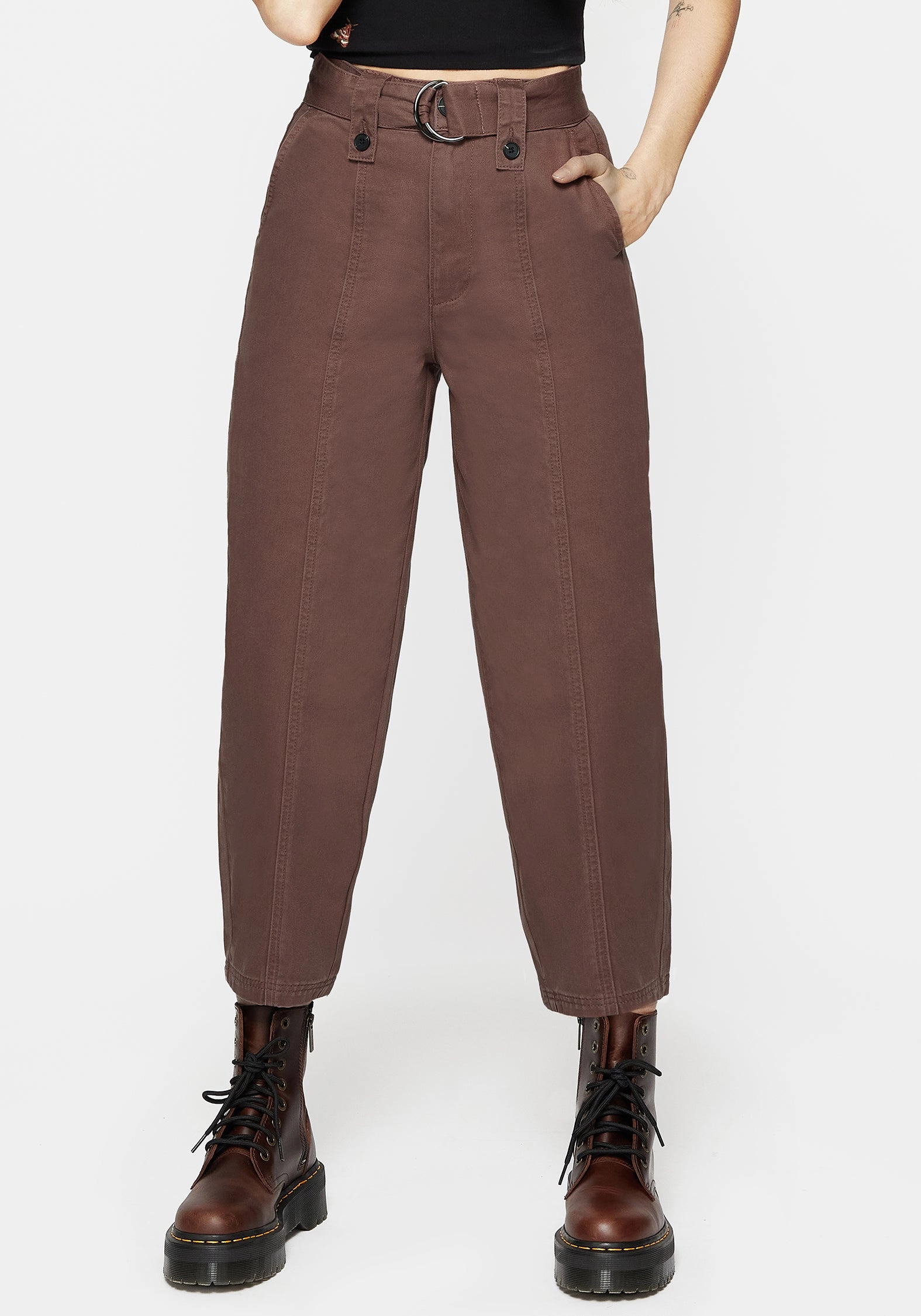 Sleek Look Pinhead Belted Balloon Leg Trousers - Brown