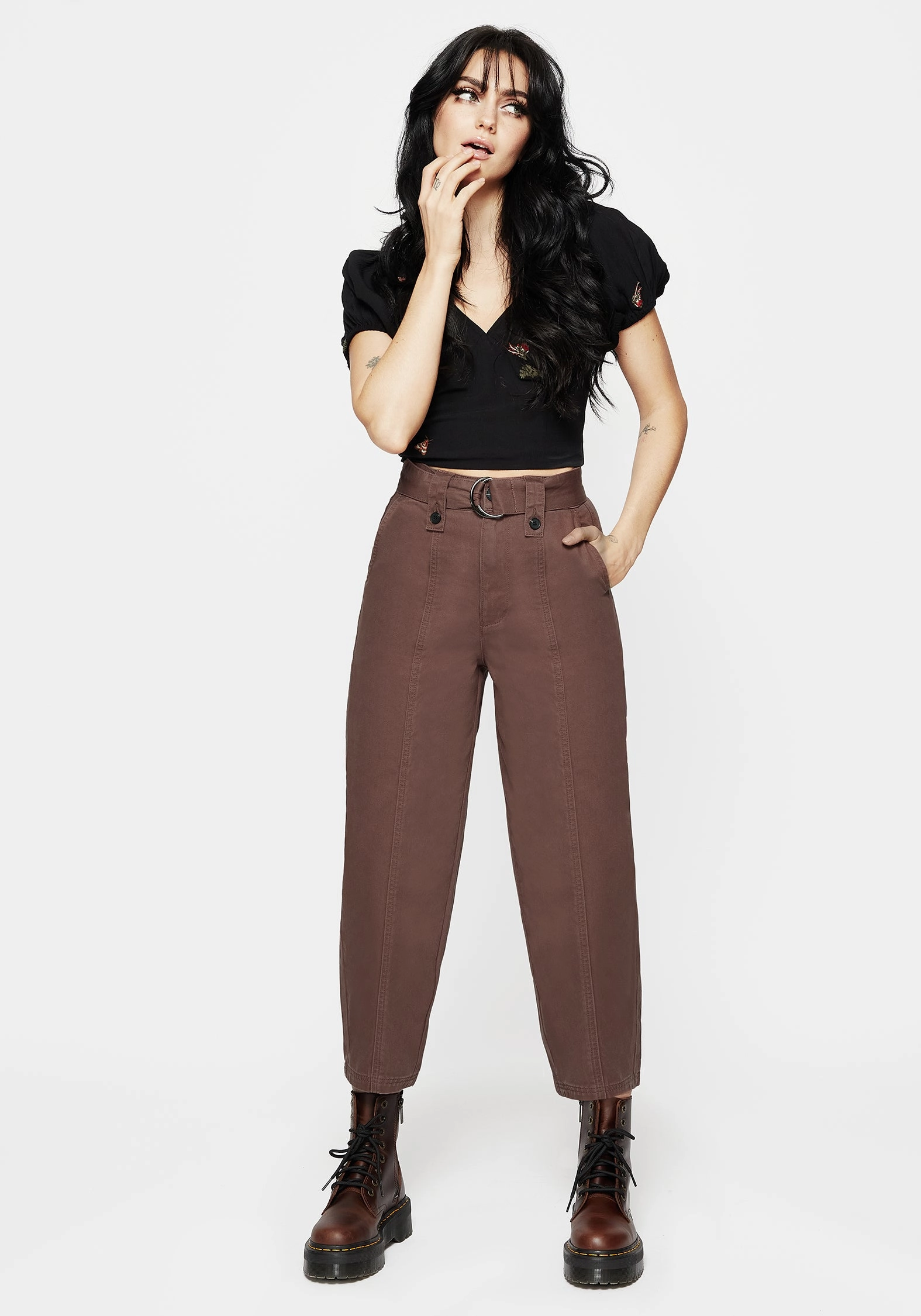 Pinhead Belted Balloon Leg Trousers - Brown UVProtectionCoating