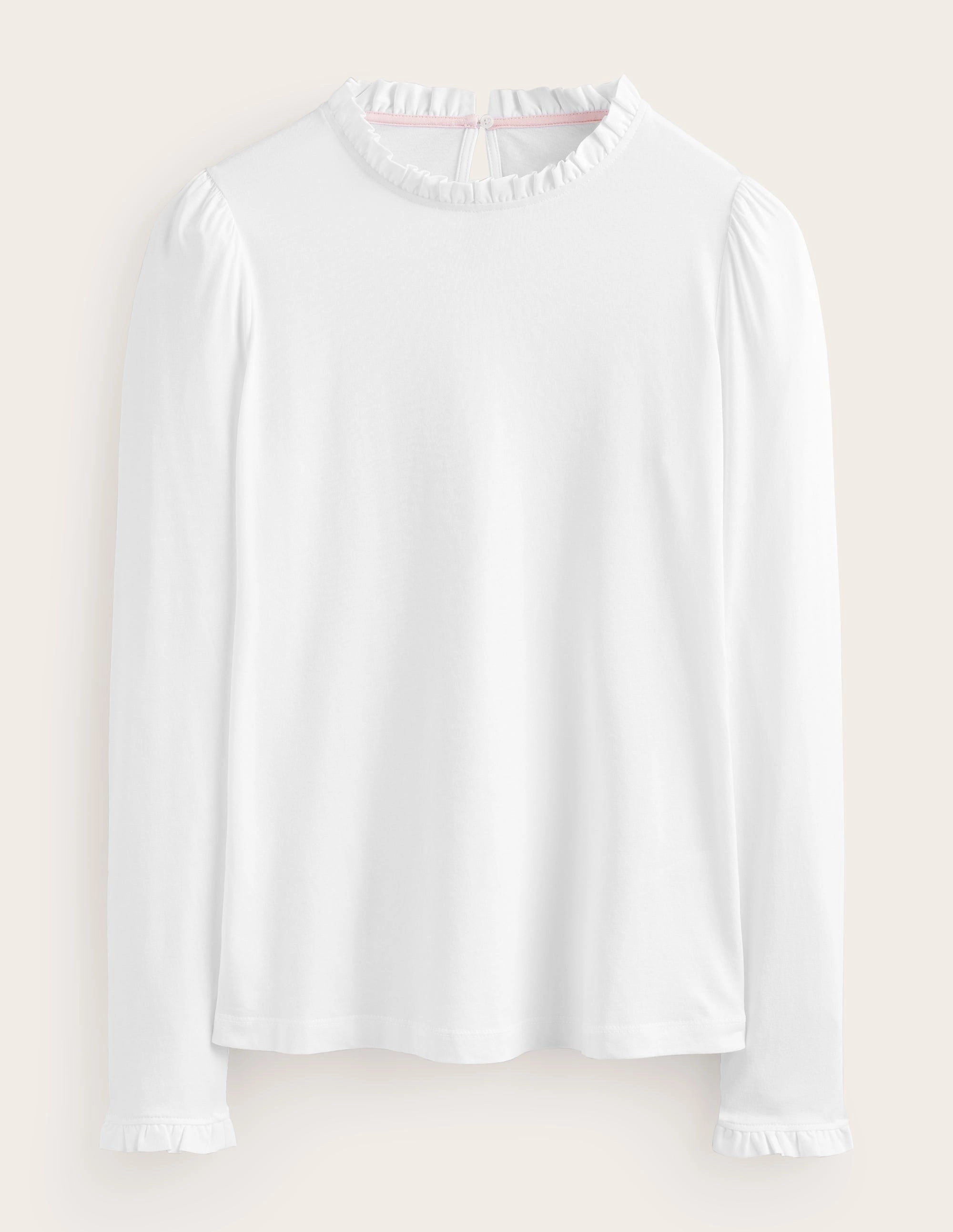 Supersoft Frill Detail Top-White Wool Sweater Raw Edge Finish