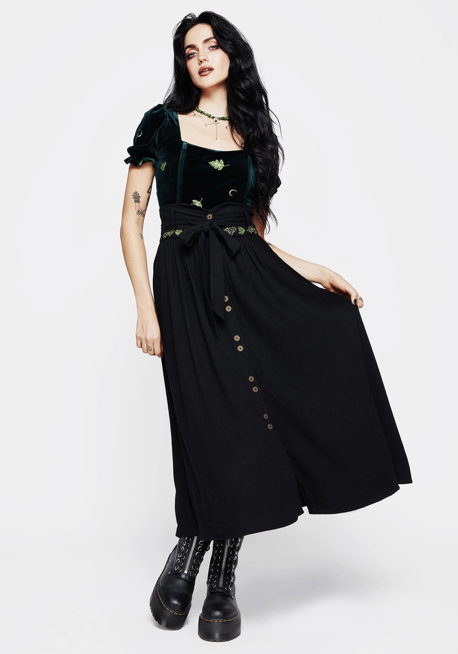 Light Moodboard Urban Fit Swamplife Frog Embroidered Linen Blend High Waist Midaxi Skirt