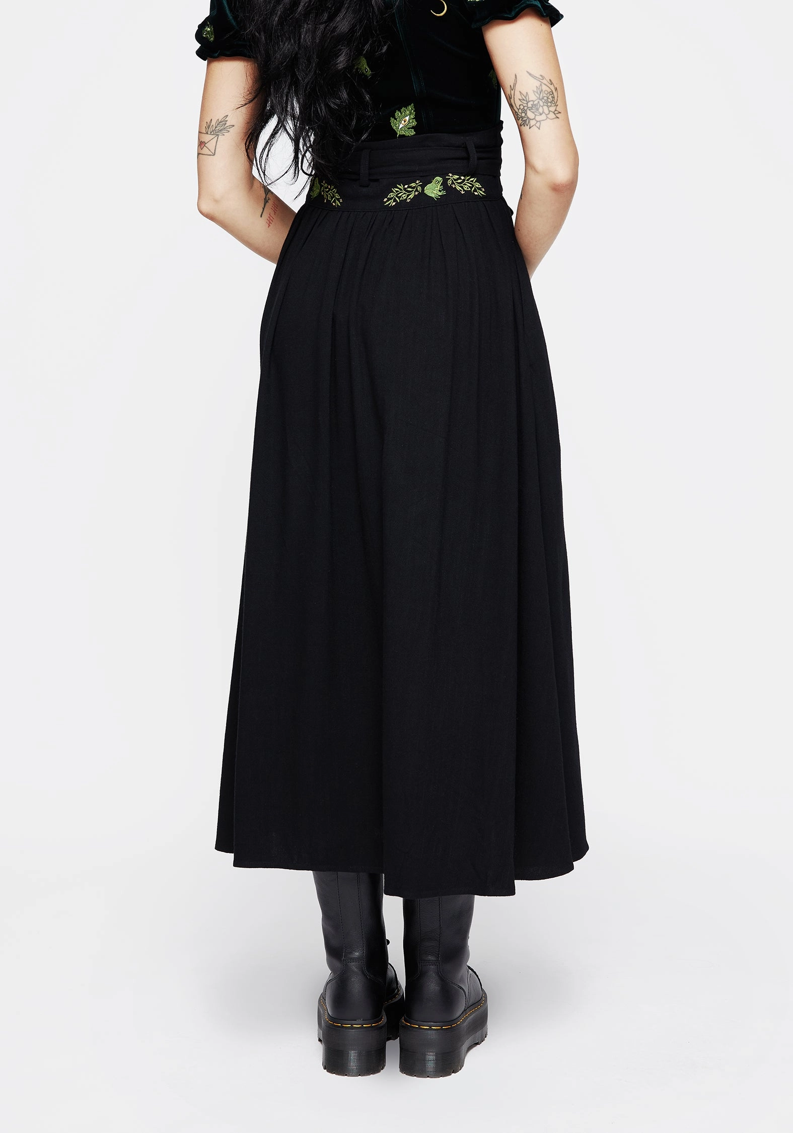 Swamplife Frog Embroidered Linen Blend High Waist Midaxi Skirt Smart Edge