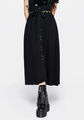 Daily Wear Airy Comfort Swamplife Frog Embroidered Linen Blend High Waist Midaxi Skirt