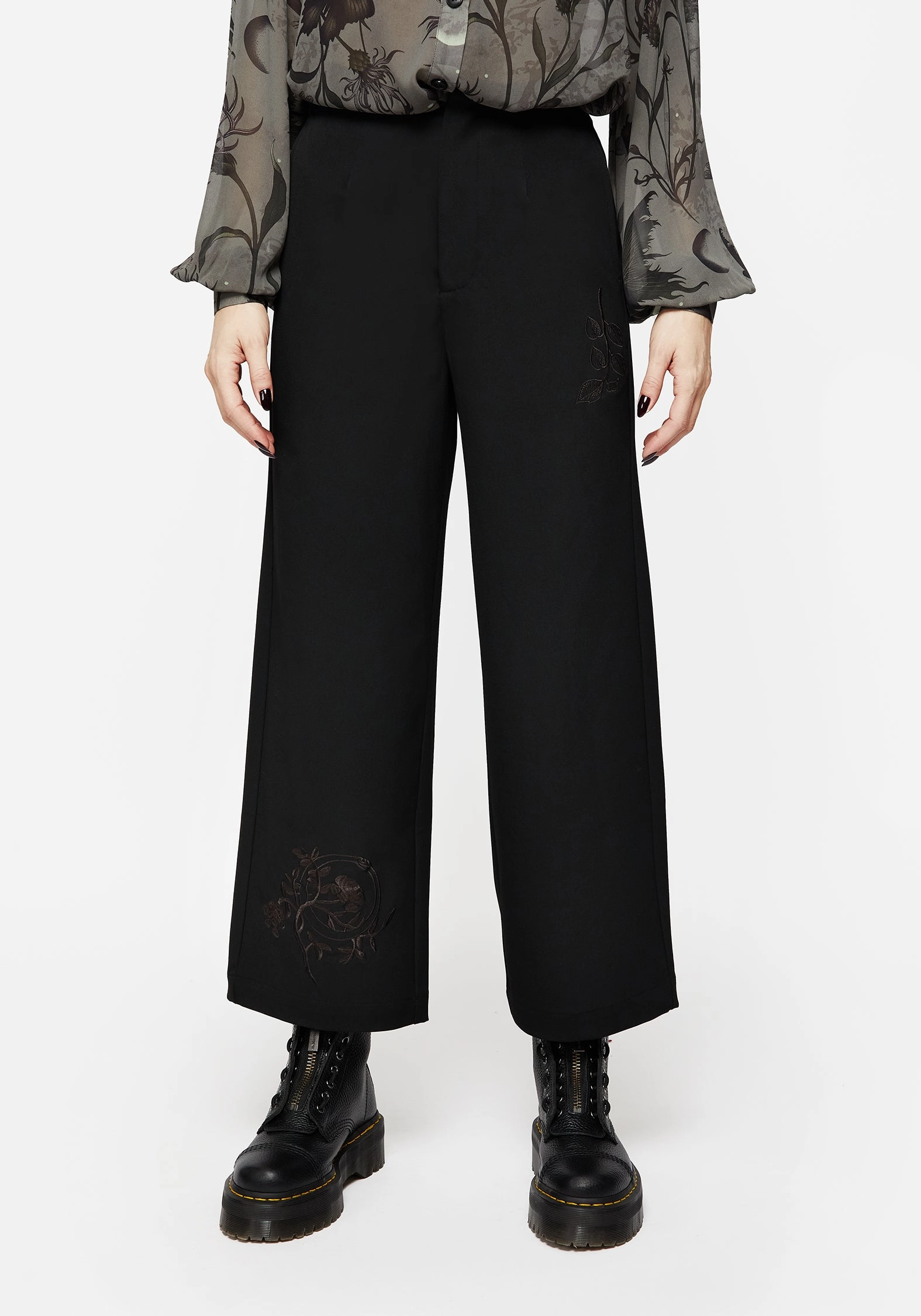 Soft Waistband Utility Pockets Amalthea Embroidered Tailored Wide Leg Trousers