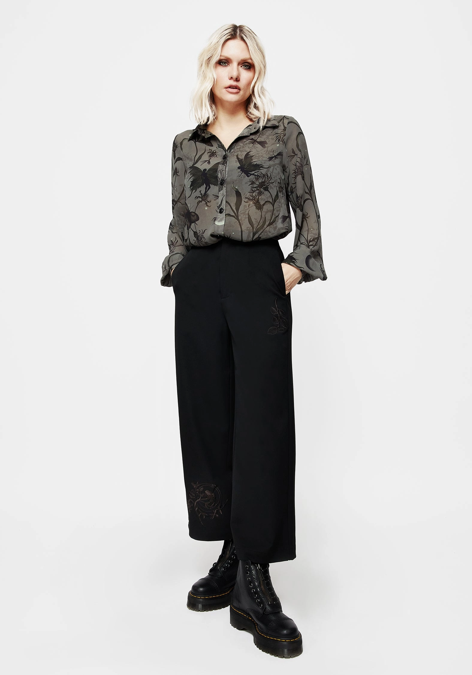Amalthea Embroidered Tailored Wide Leg Trousers Comfort Wear FlexibleKneePanels