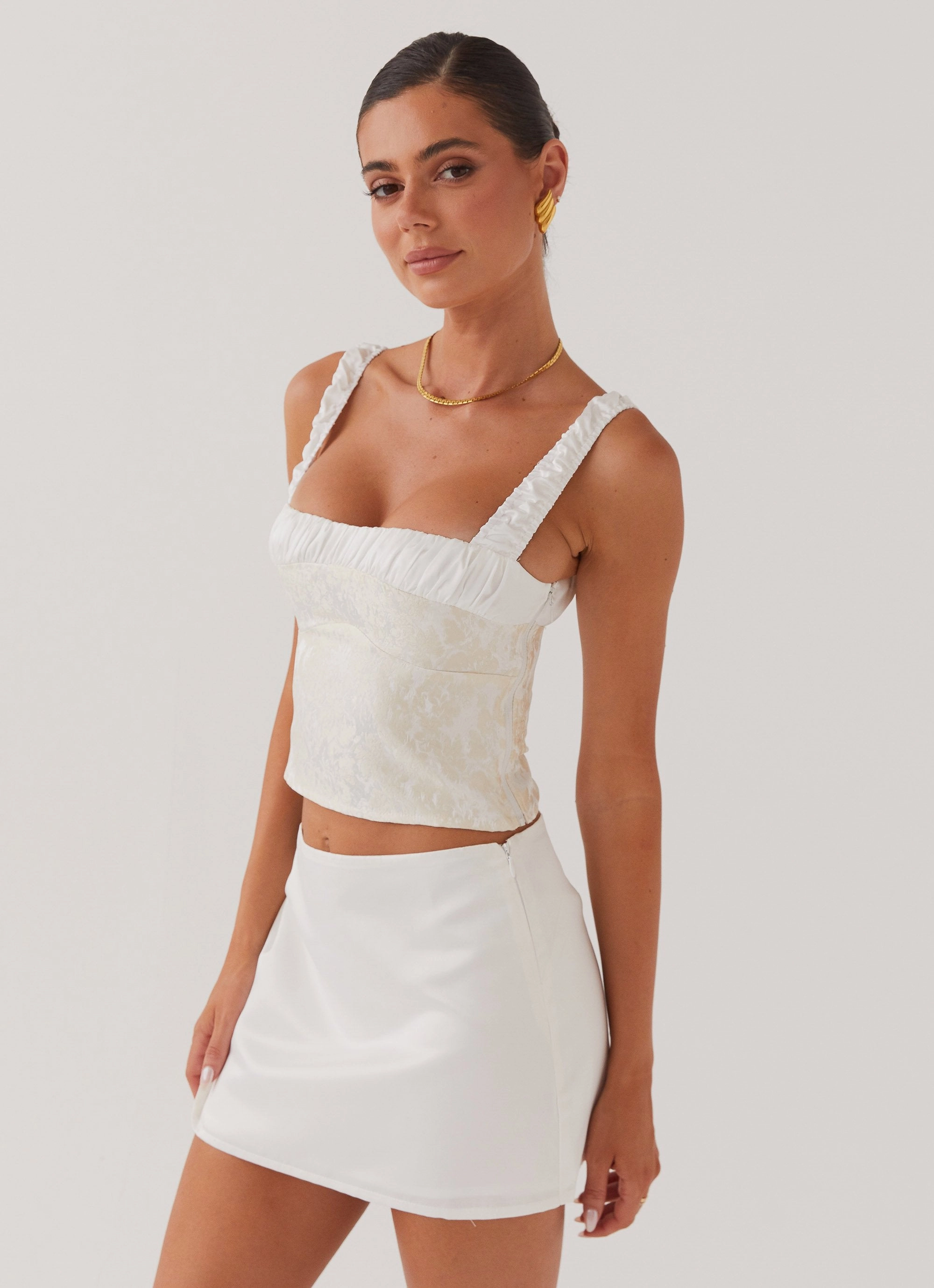 Sylvia Satin Mini Skirt - Ivory Tear Resistant Twist Front