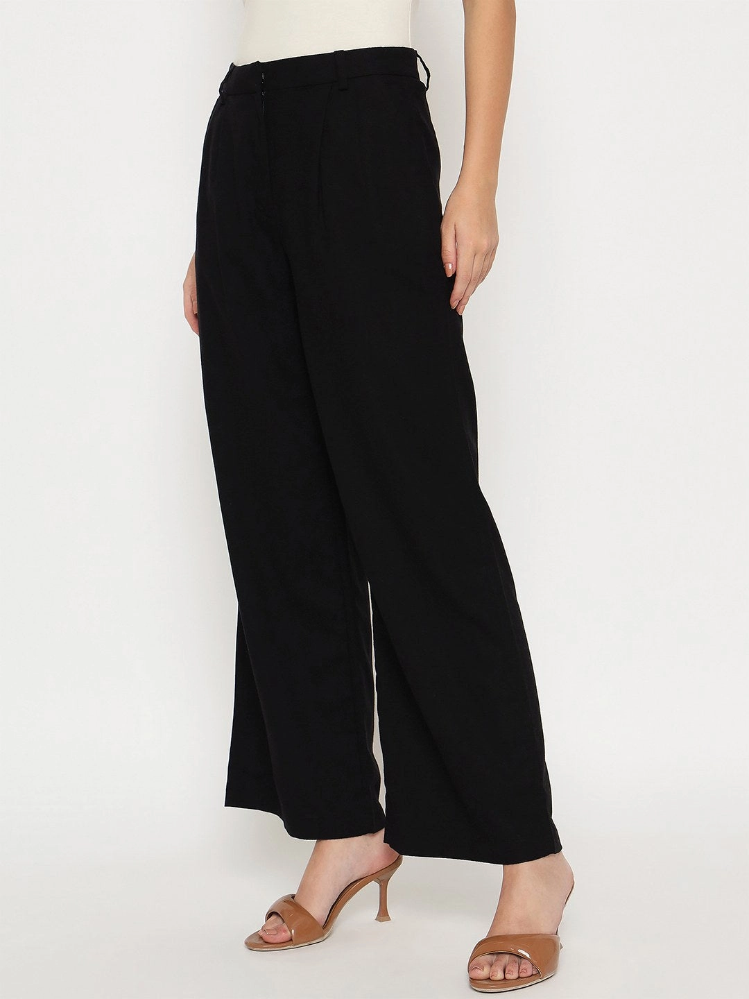 Outdoor Lifestyle Madame Cotton Blend Black Wide Leg Trousers
