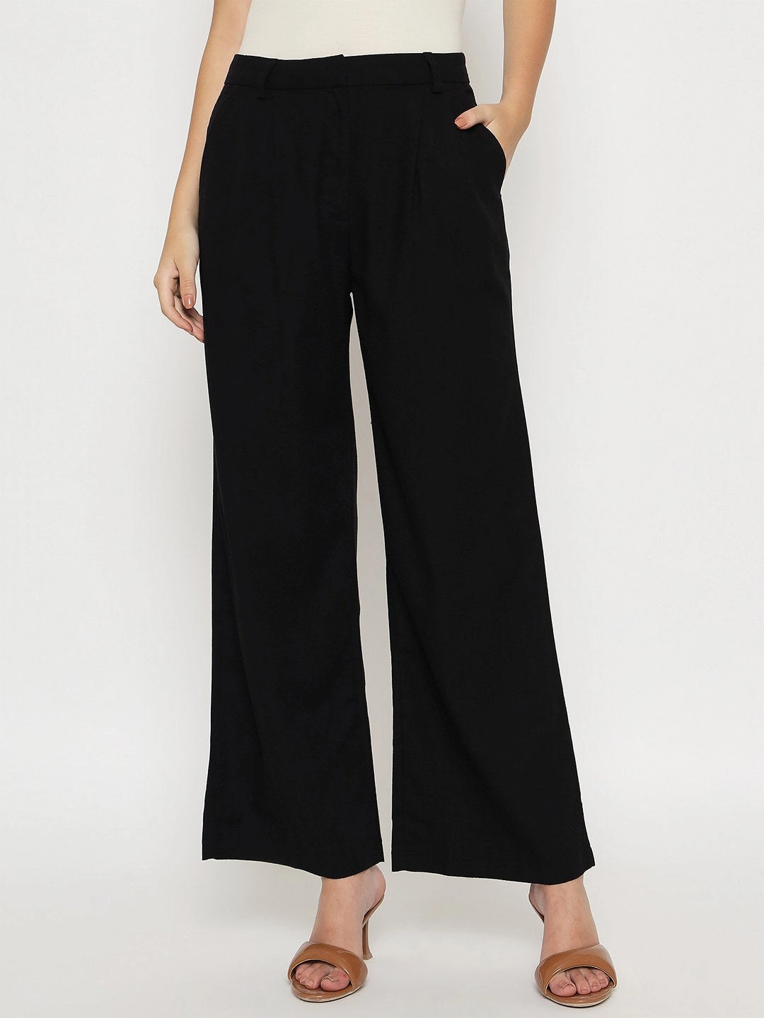 Bi Stretch Fabric Comfy Vibes Madame Cotton Blend Black Wide Leg Trousers