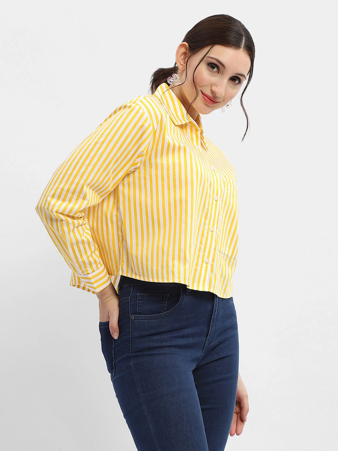 Madame Striped Yellow Regular Shirt Long Sleeve Embellished Neckline