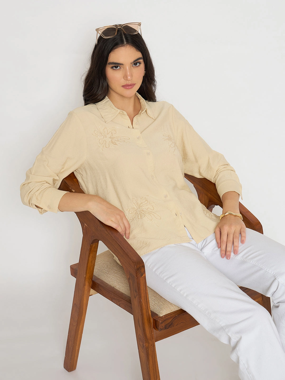 Madame Embellished Beige Rayon Blend Shirt Comfy Fit