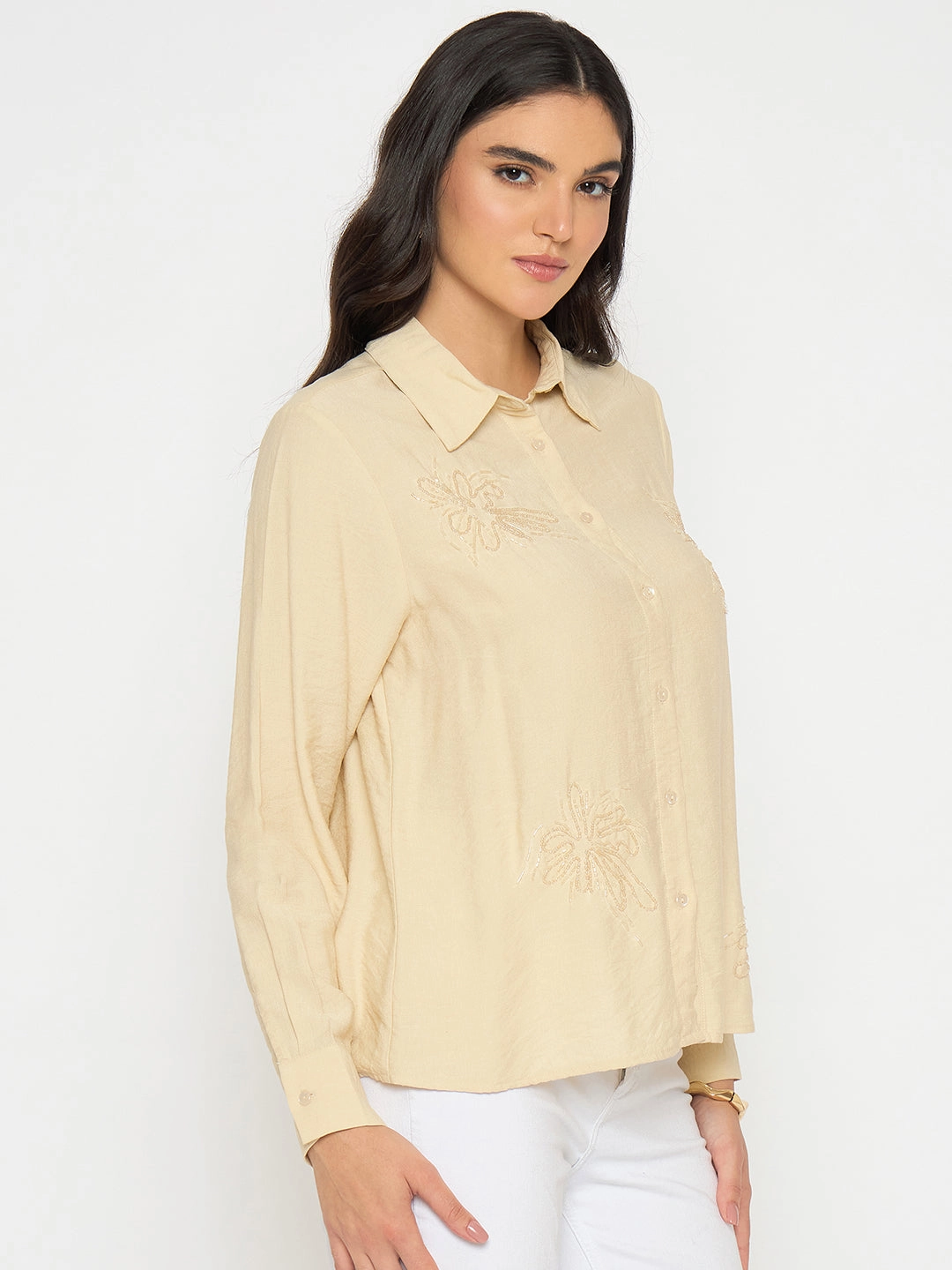 Perfect Look Stretchable Fabric Madame Embellished Beige Rayon Blend Shirt