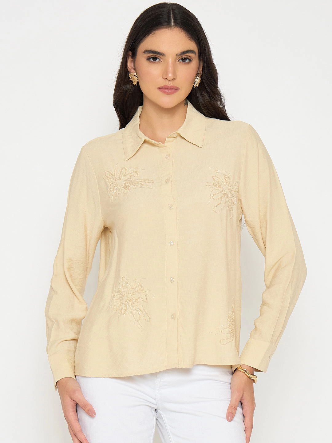 Team Building Madame Embellished Beige Rayon Blend Shirt