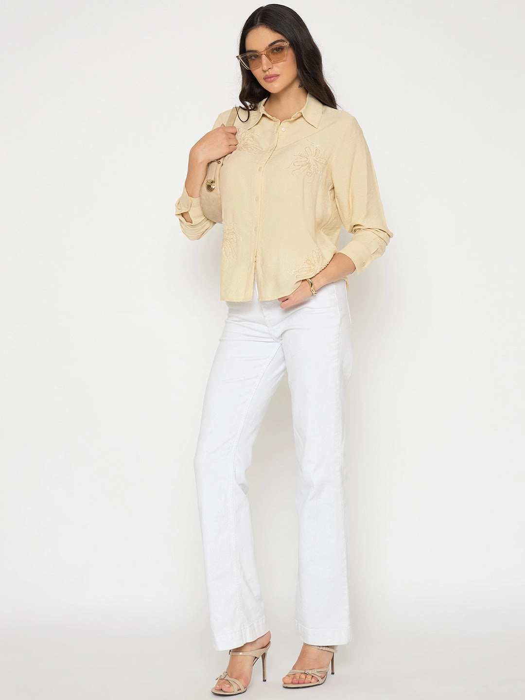 Hypoallergenic Lining Everyday Look Madame Embellished Beige Rayon Blend Shirt