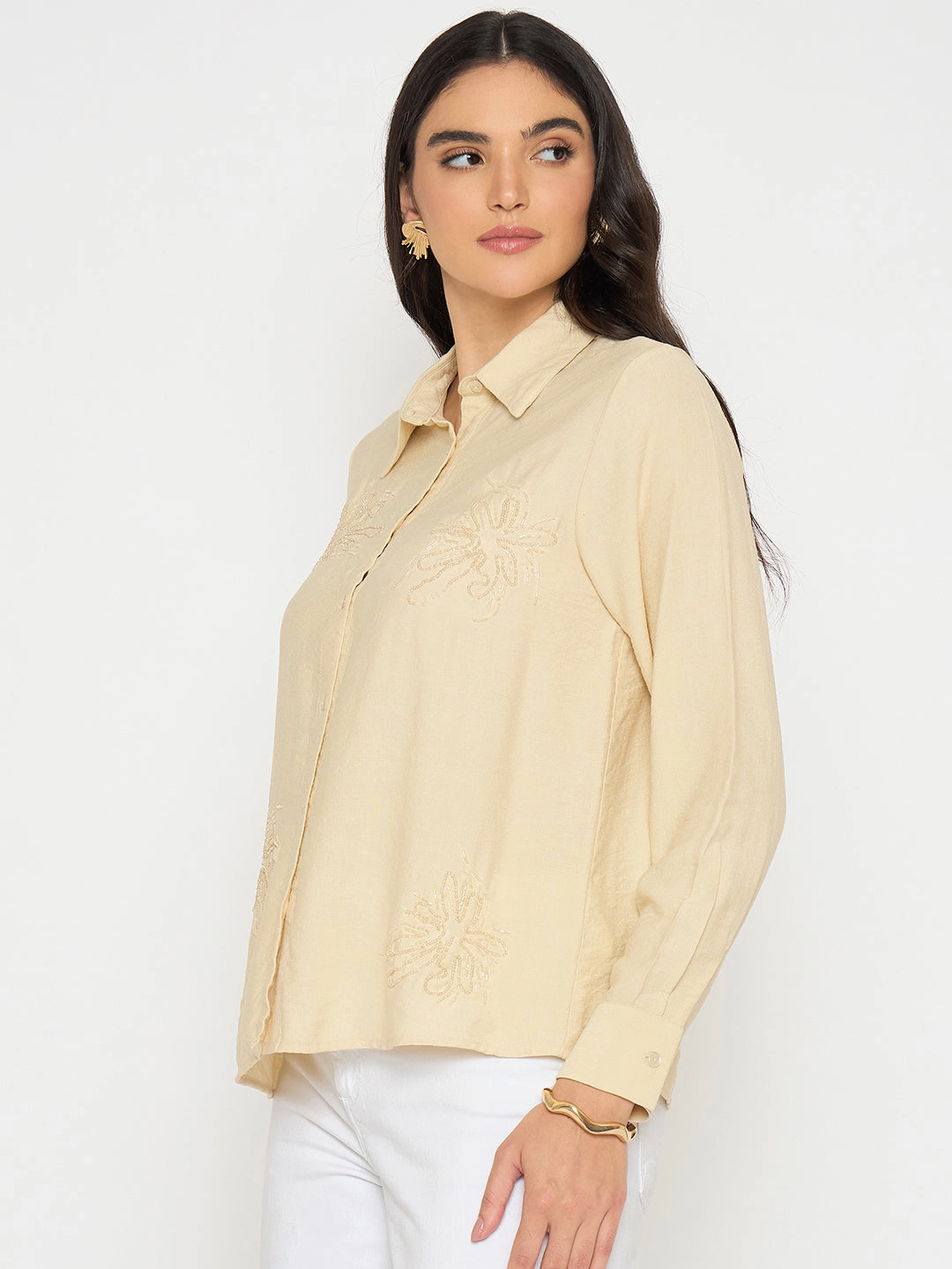 Breathable Lining Madame Embellished Beige Rayon Blend Shirt