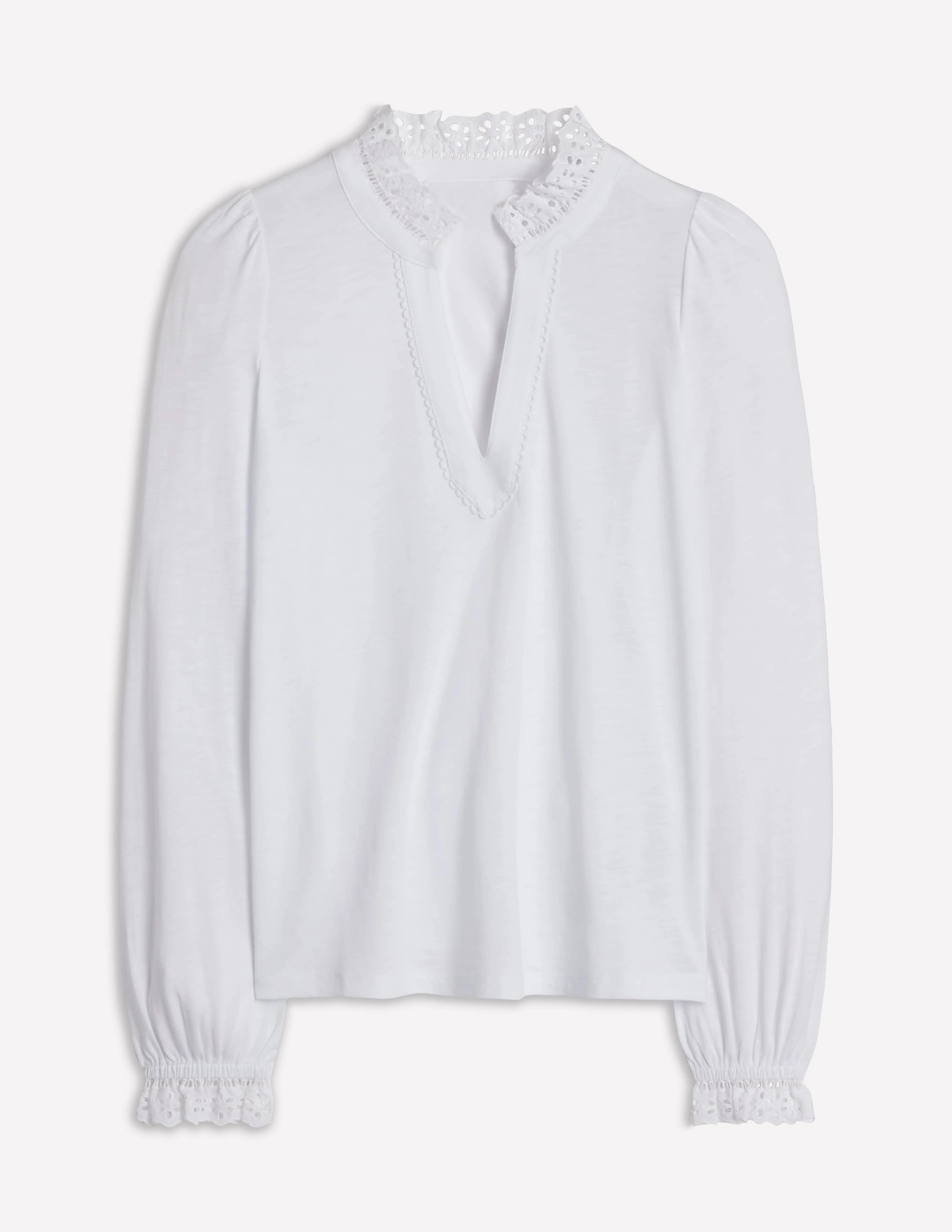 Four Way Stretch Aria Broderie Notch Neck Top-White