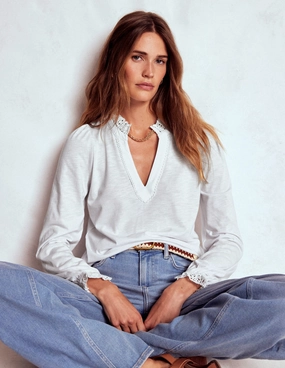 DoubleLayered Aria Broderie Notch Neck Top-White