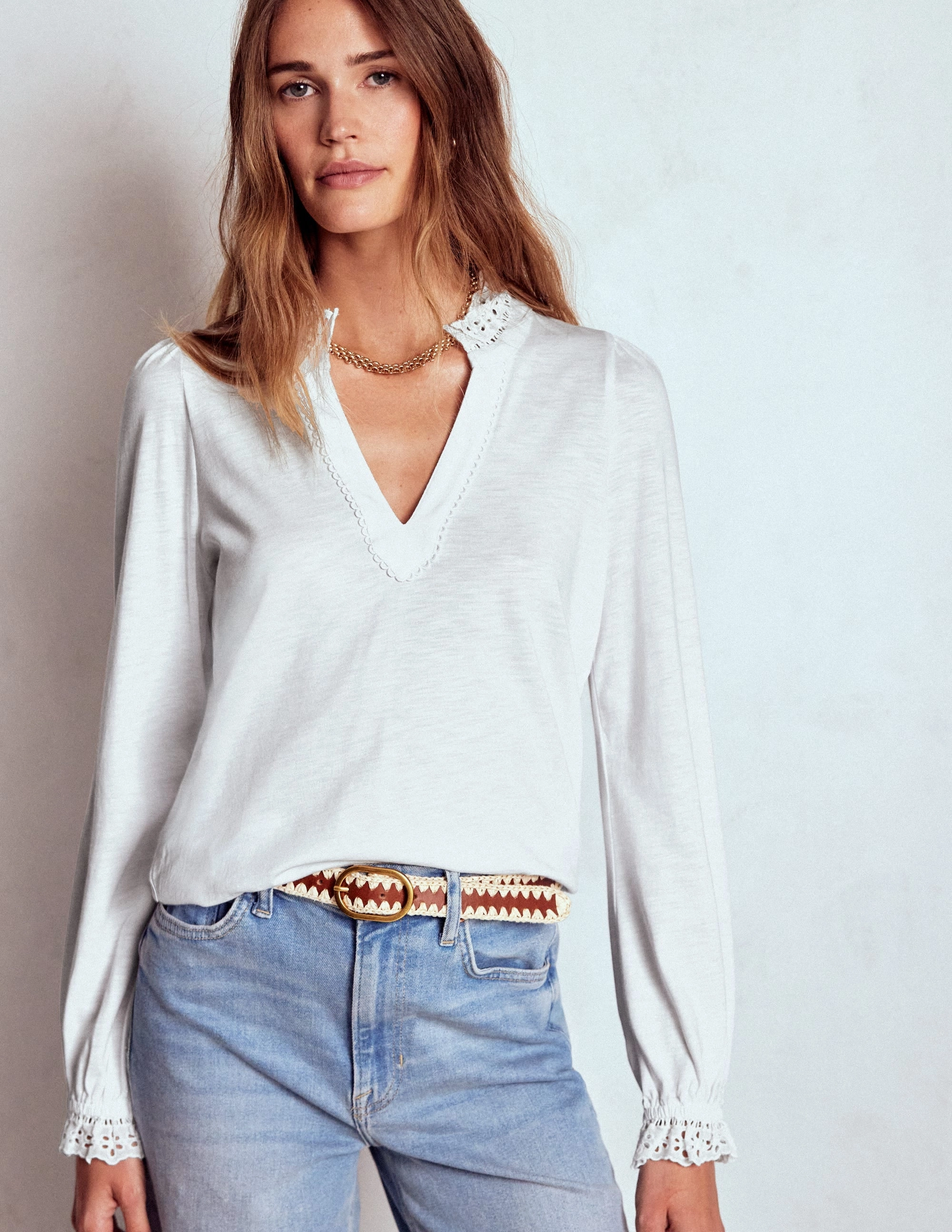 VentilatedBack Aria Broderie Notch Neck Top-White