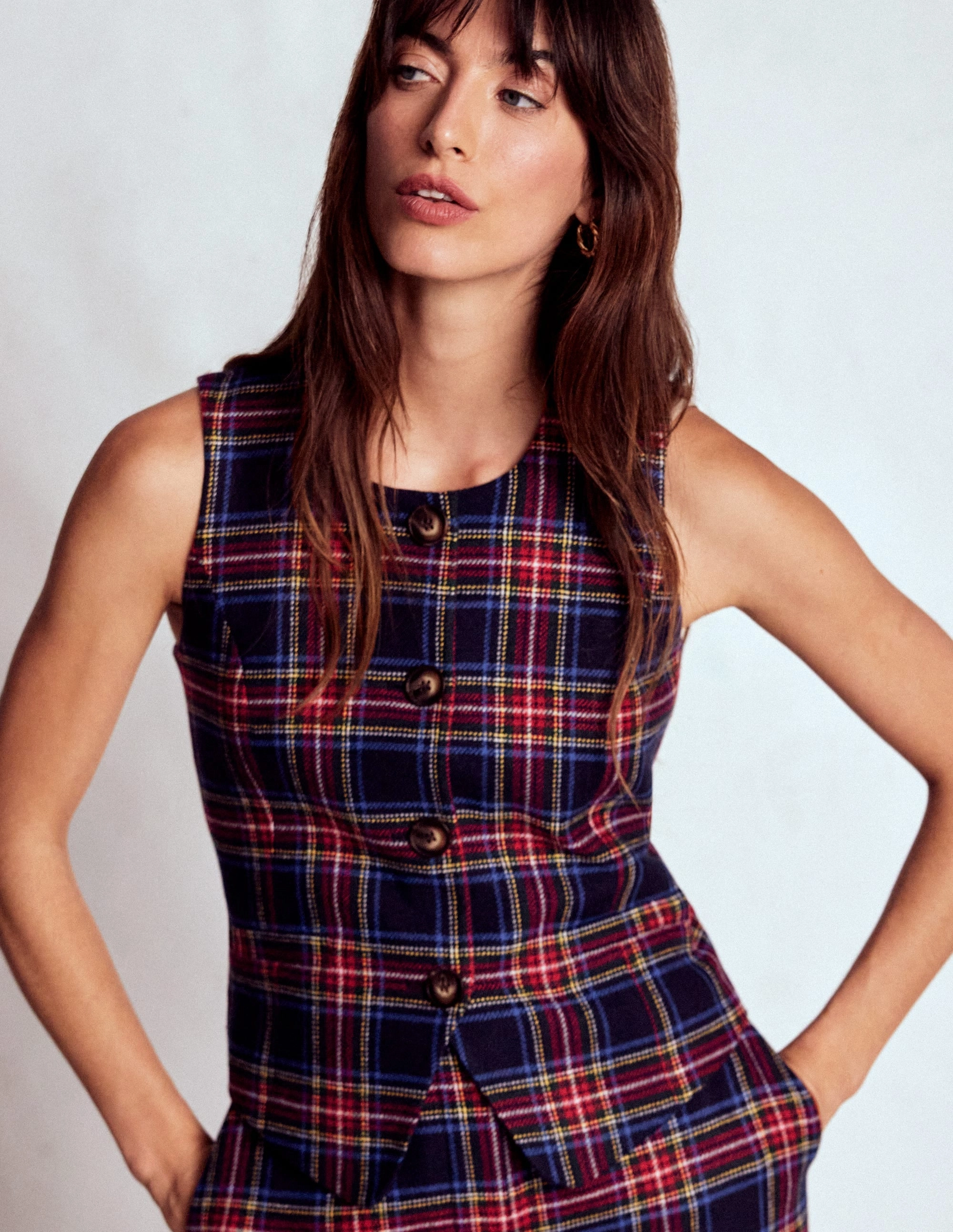 Glow In Dark Trims HighNeckDesign Tailored Check Waistcoat-Navy, Green and Red Check