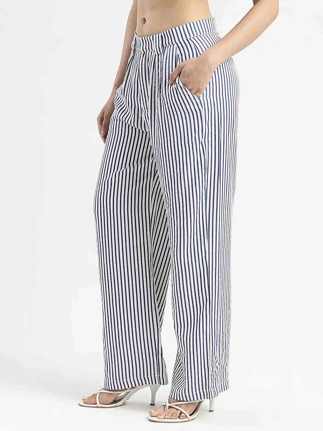 AbrasionResistantFabric Functional Fit Madame Striped Wide Leg Viscose Blend Navy Blue Trousers