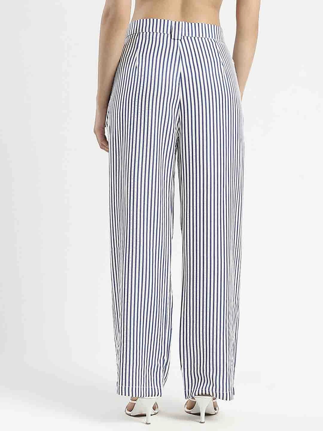 MoistureWicking Madame Striped Wide Leg Viscose Blend Navy Blue Trousers