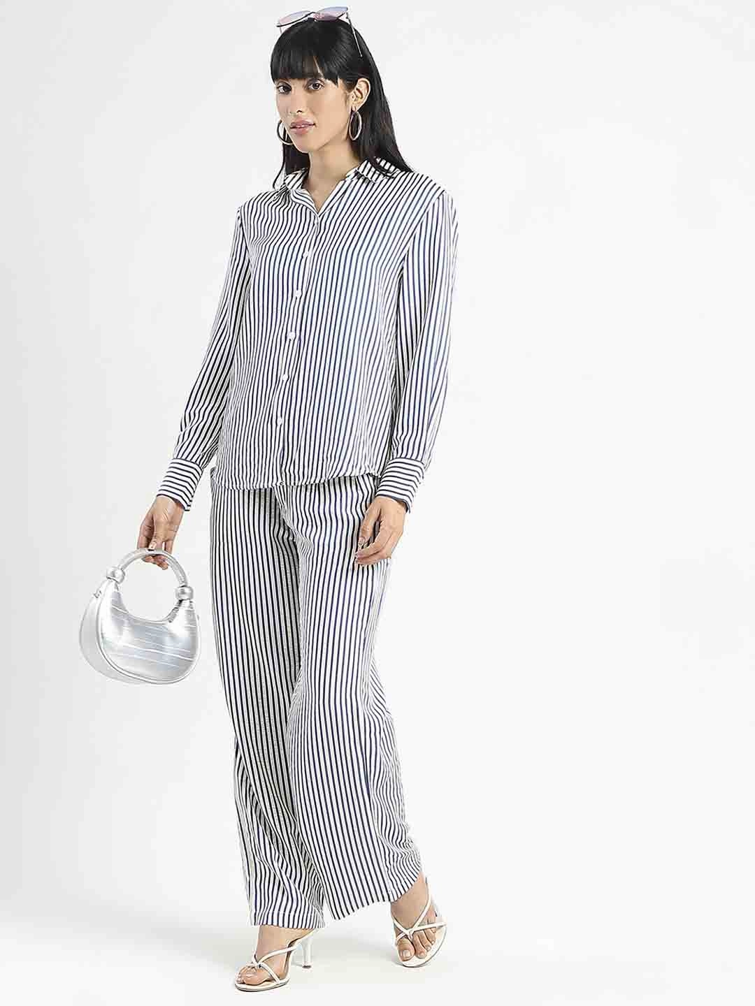Minimal Vibe Chilly Weather Fit Madame Striped Wide Leg Viscose Blend Navy Blue Trousers