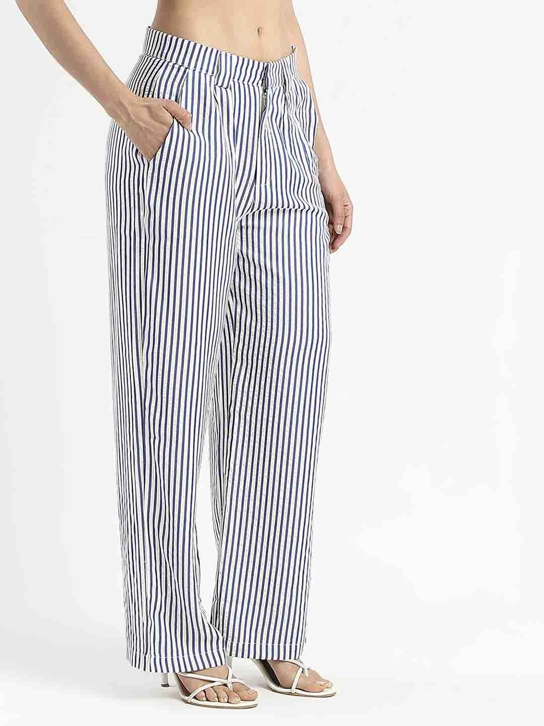 All Season Fit Gripper Waistband Madame Striped Wide Leg Viscose Blend Navy Blue Trousers