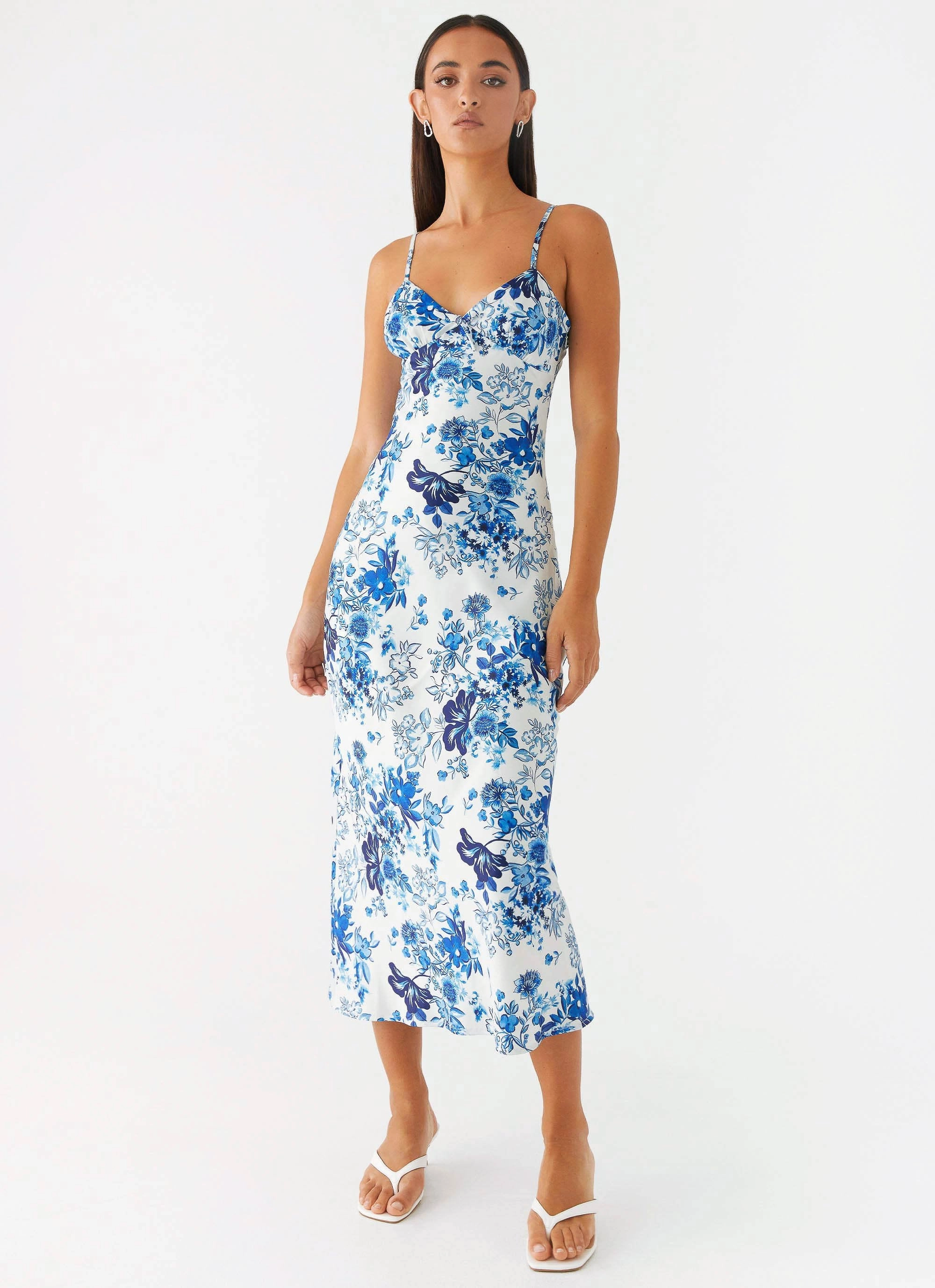 Take Chances Midi Dress - Serene Sky Floral Cozy Tones