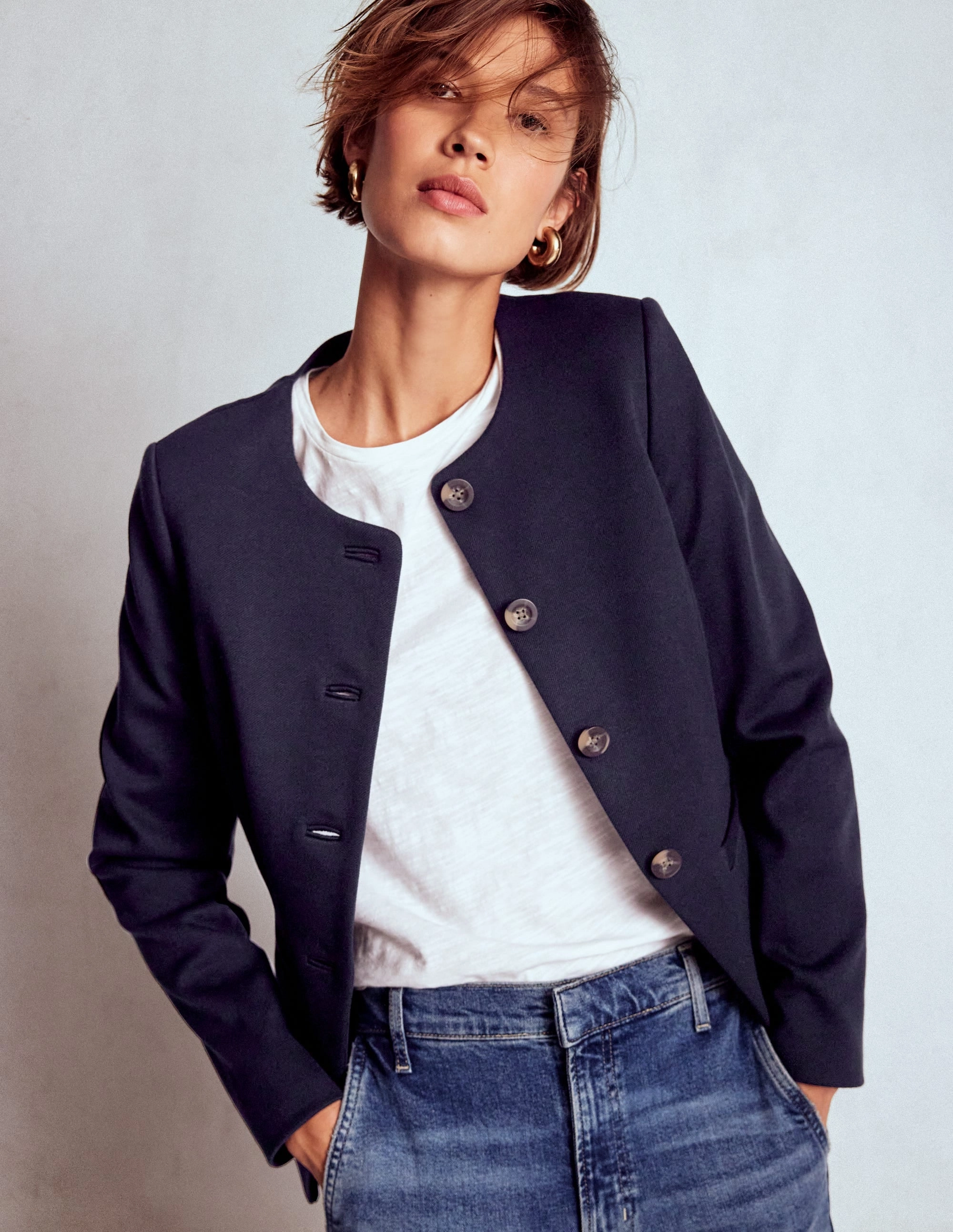 Flexible Waistband Hampstead Ponte Twill Blazer-Navy