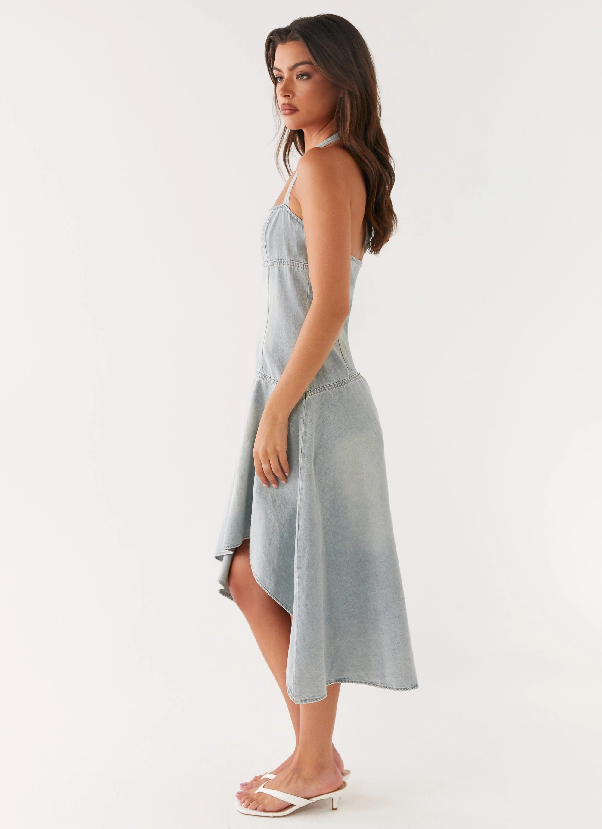 Tanisha Denim Midi Dress - Washed Blue Subtle Lines