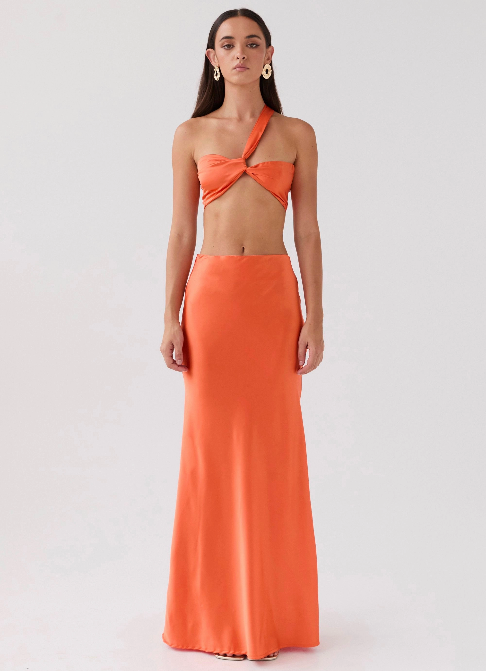 Hidden Oasis Satin Maxi Skirt - Tangerine Sequined Finish
