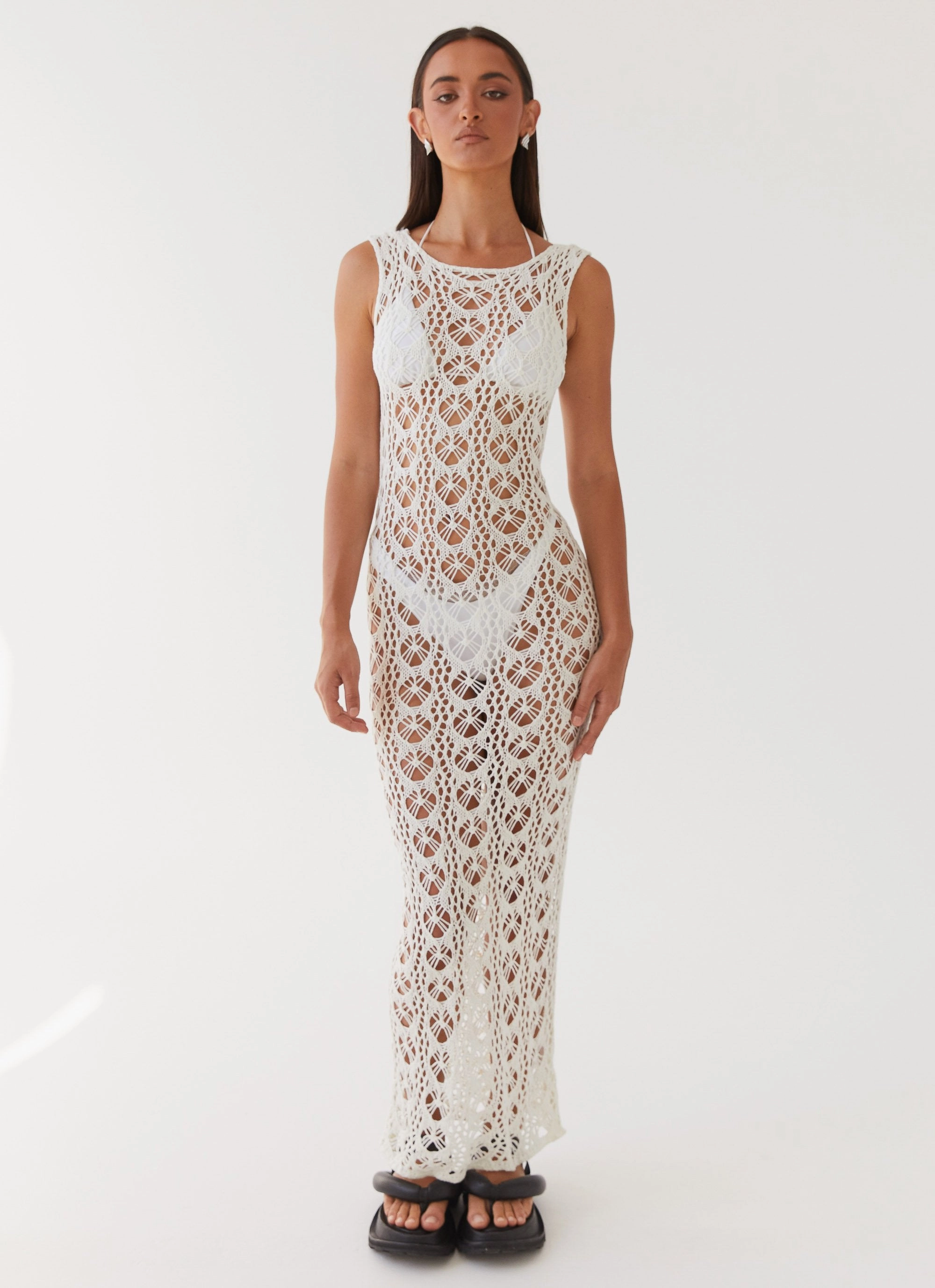 Tarlisa Crochet Maxi Dress - Cream Floral Swing Understated Glam