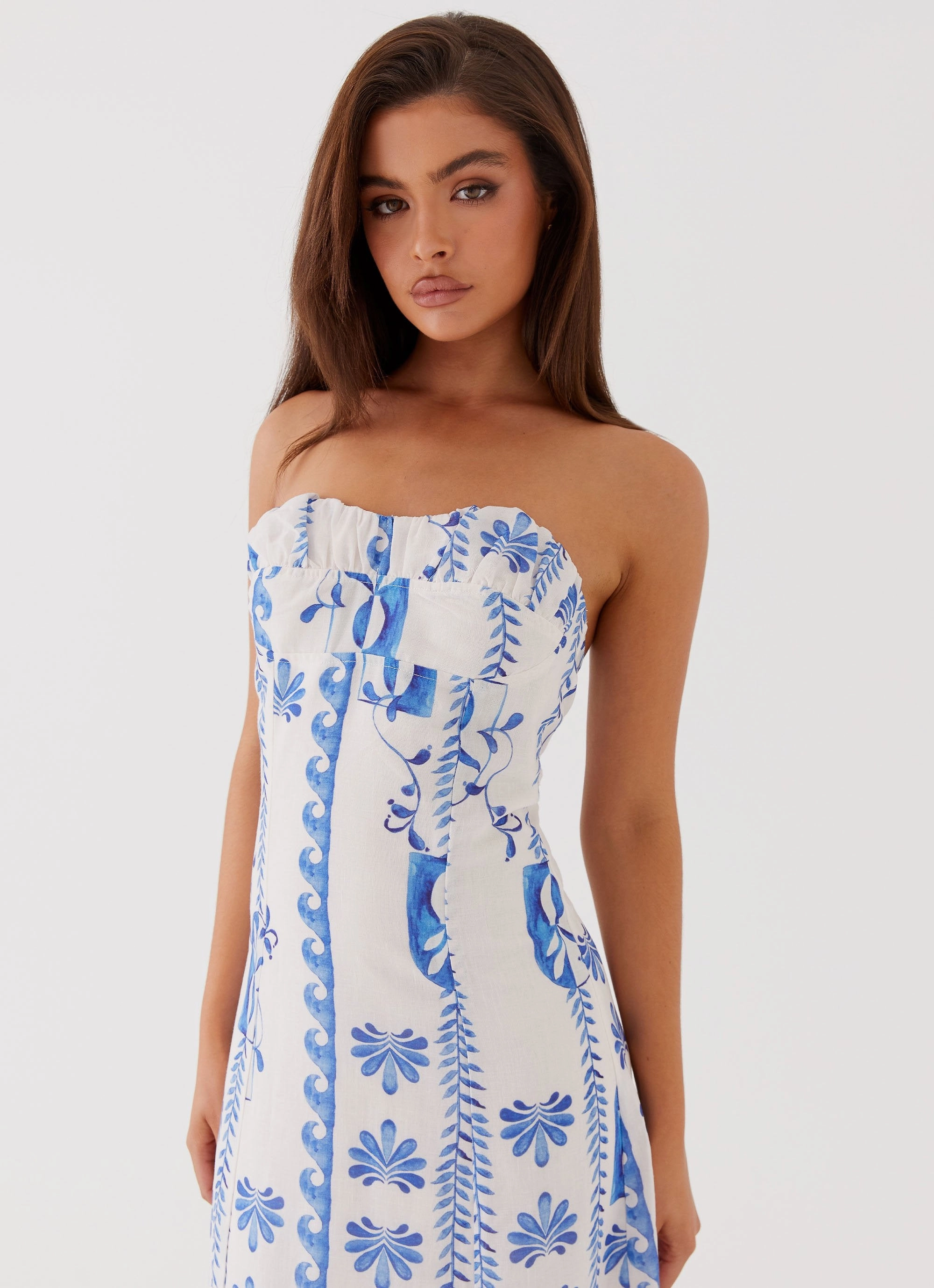 Peplum-Style Bow Glow Tayla Linen Maxi Dress - Floral Wave